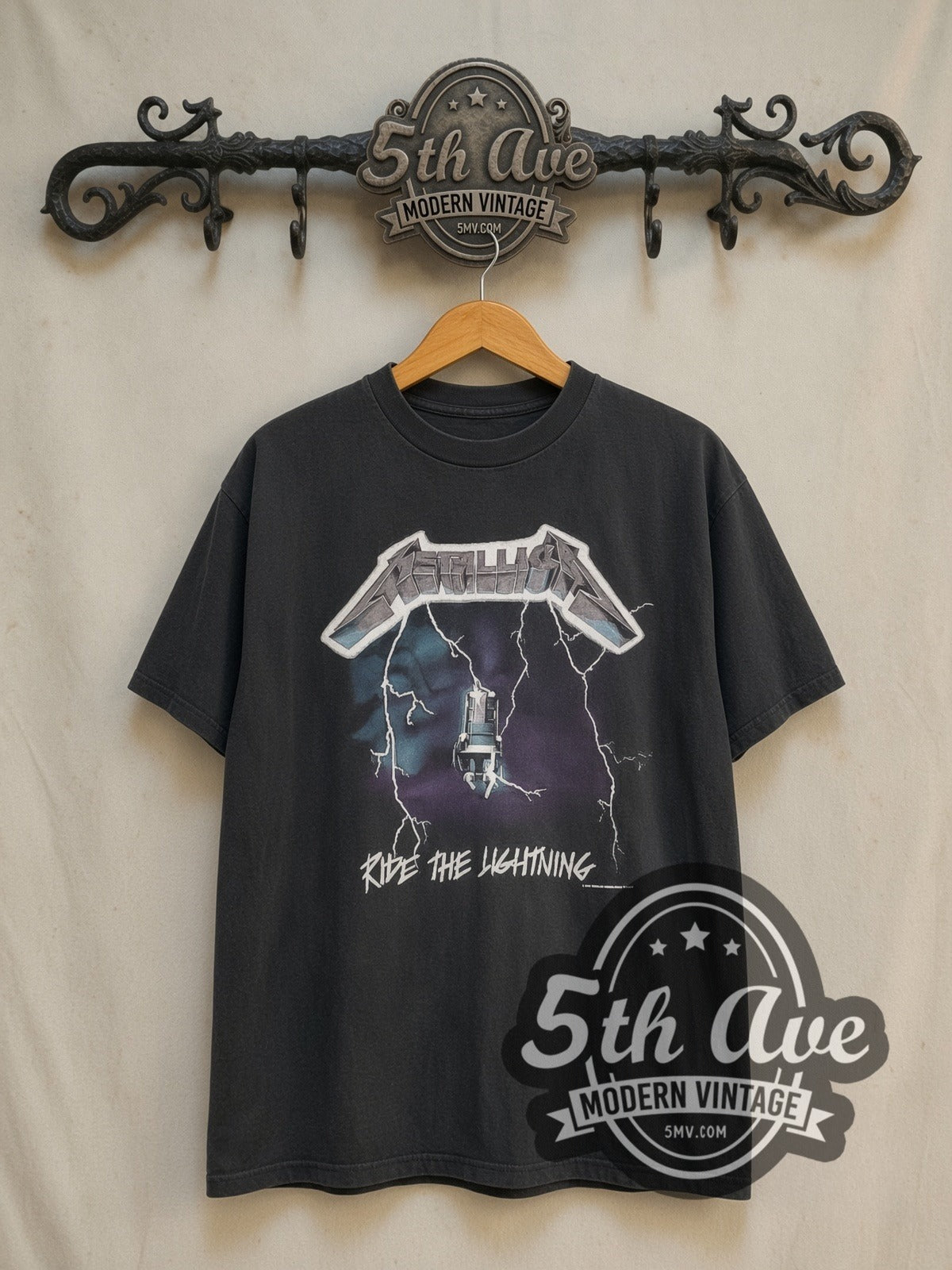 Metallica Ride the Lightning vintage band t-shirt in black, front view on the 5MV rack