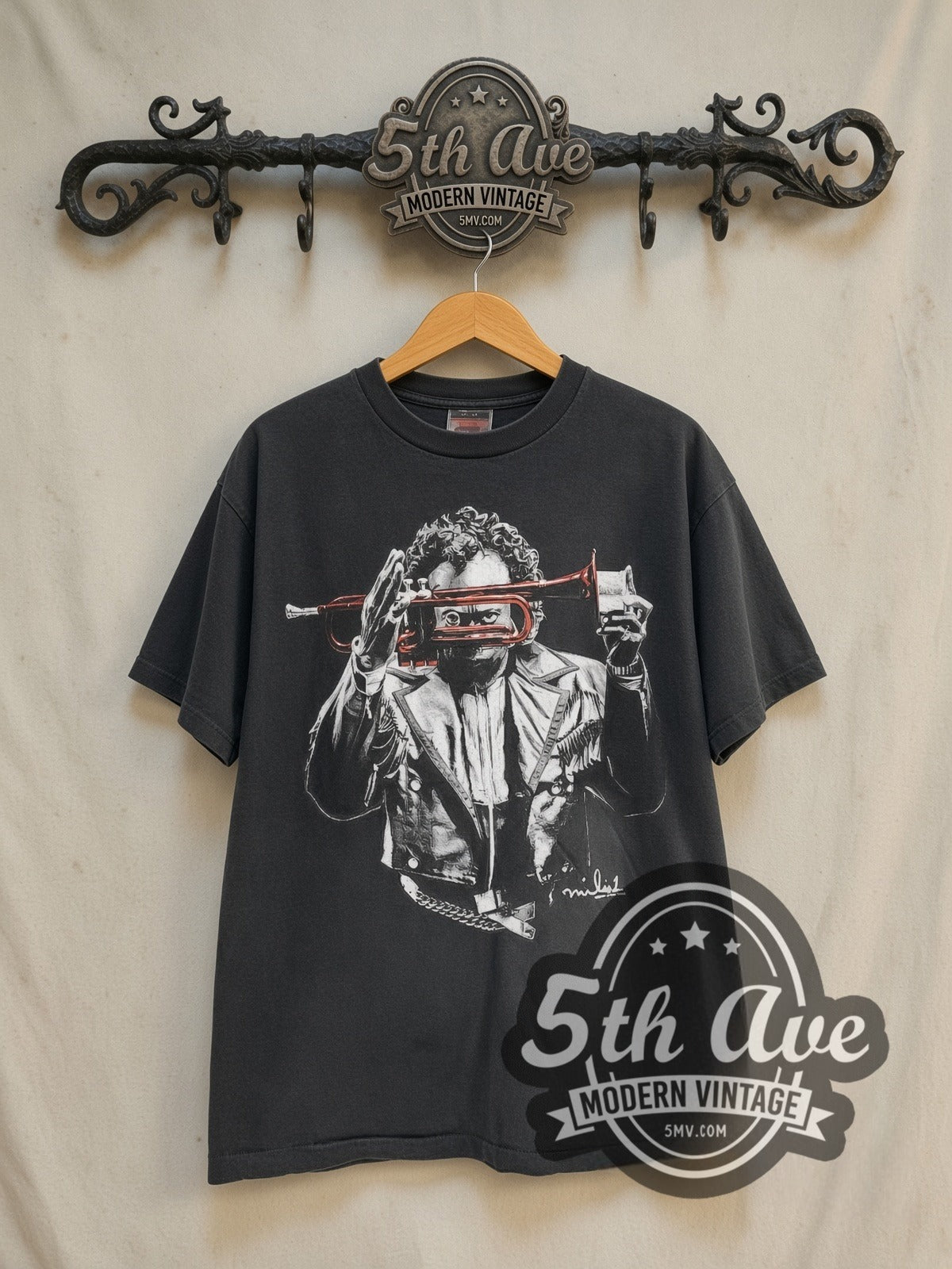 Miles Davis Look Through vintage band t-shirt in black, front view on the 5MV rack
