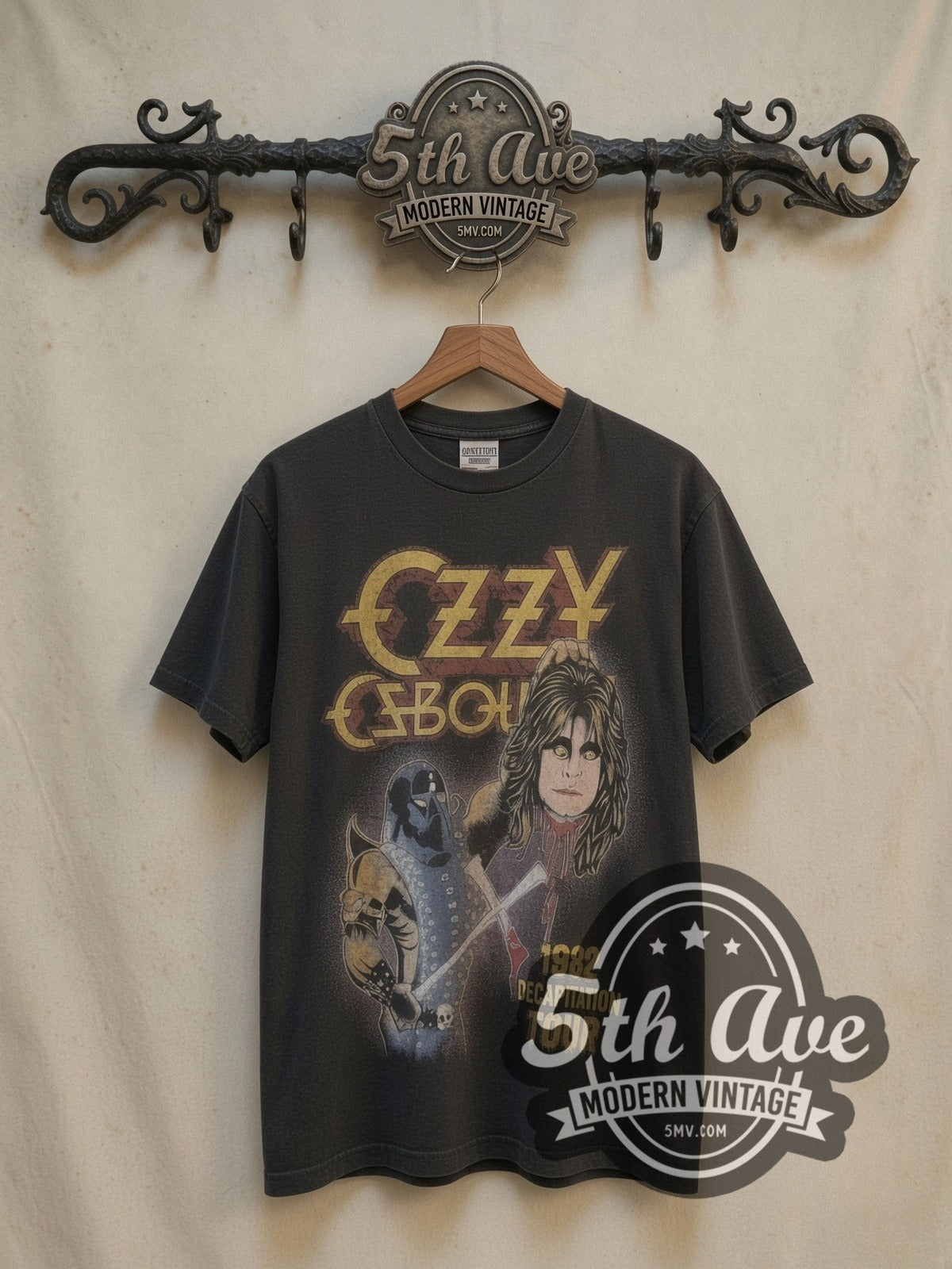 Ozzy Osbourne 1982 Decapitation Tour vintage band t-shirt, front view on a display rack