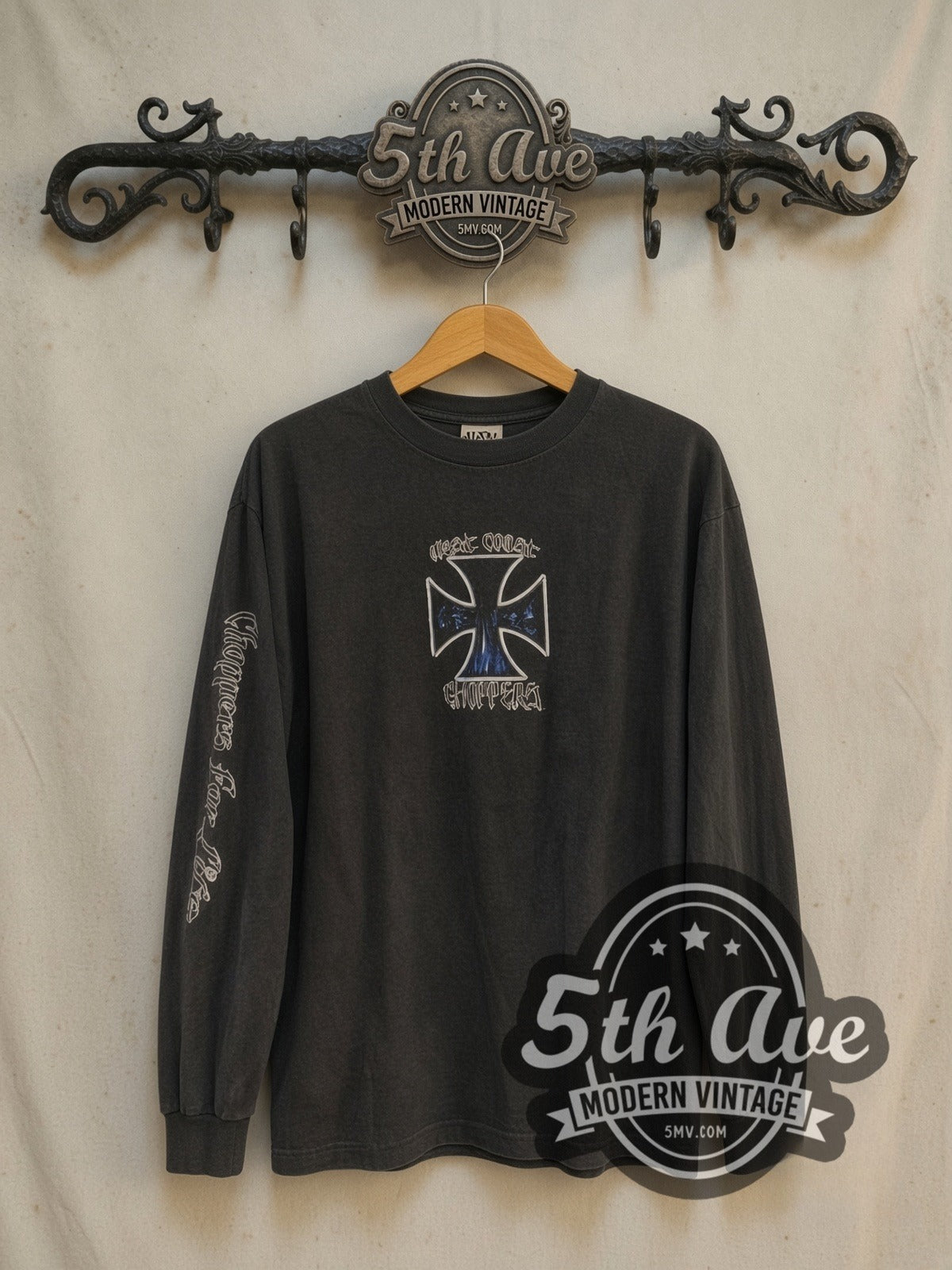 West Coast Choppers Blue Flame Cross Chopper Back vintage biker long sleeve t-shirt, front view on a display rack