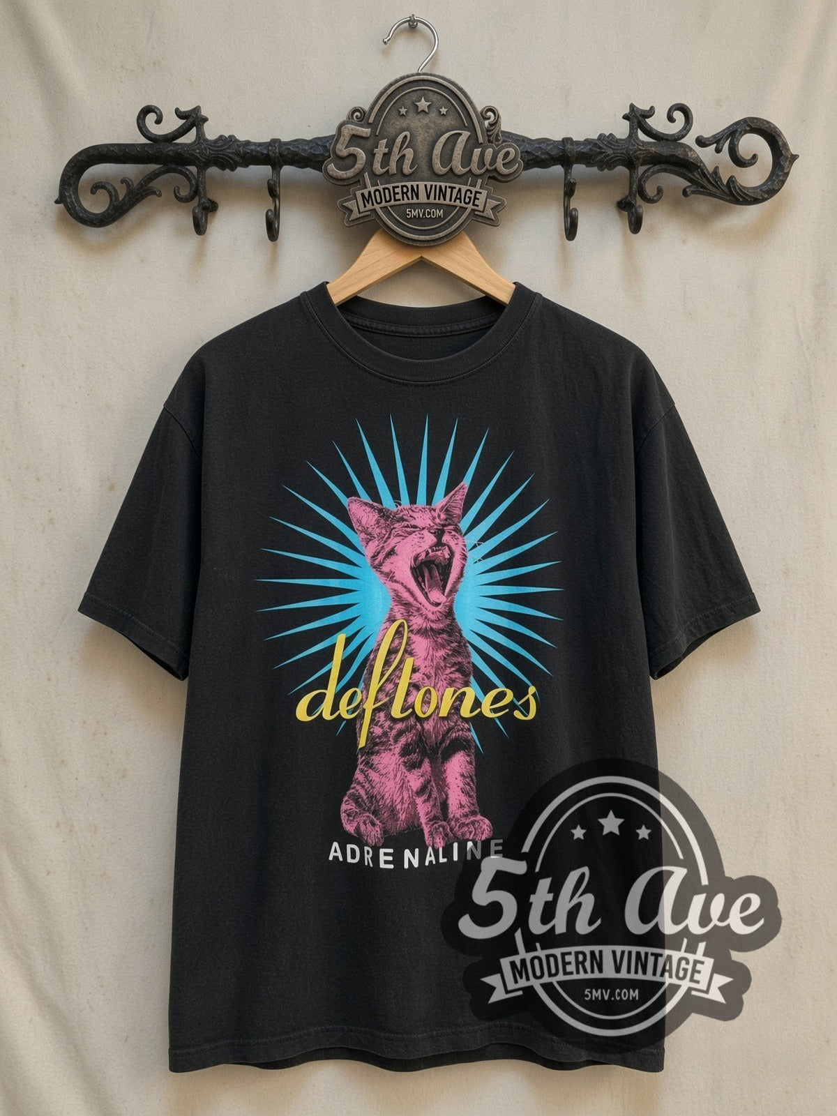 Deftones Adrenaline vintage band t-shirt, front view on a display rack