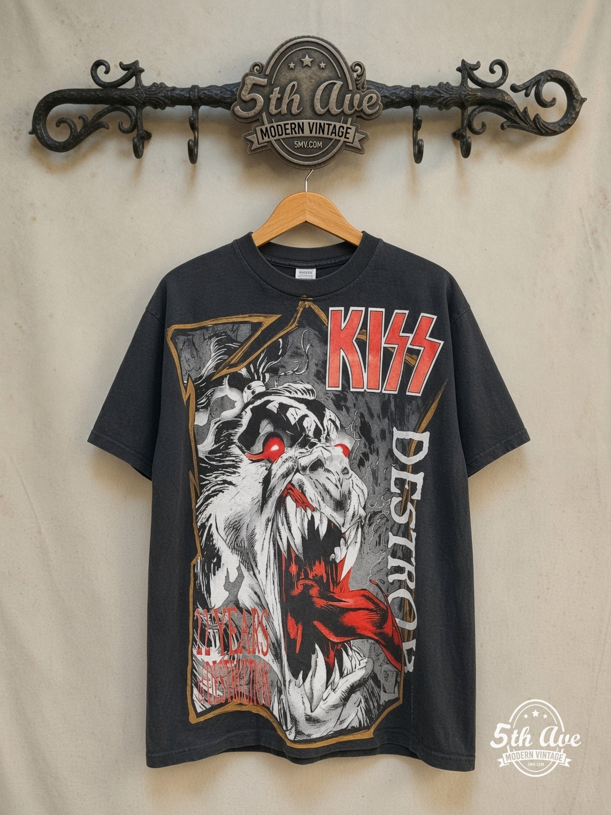 KISS – Destroyer 22 Years of Destruction \m/KIϟϟ\m/ – All Over Print – Vintage Band T-Shirt — front on locked cream ornate 5th Ave rack