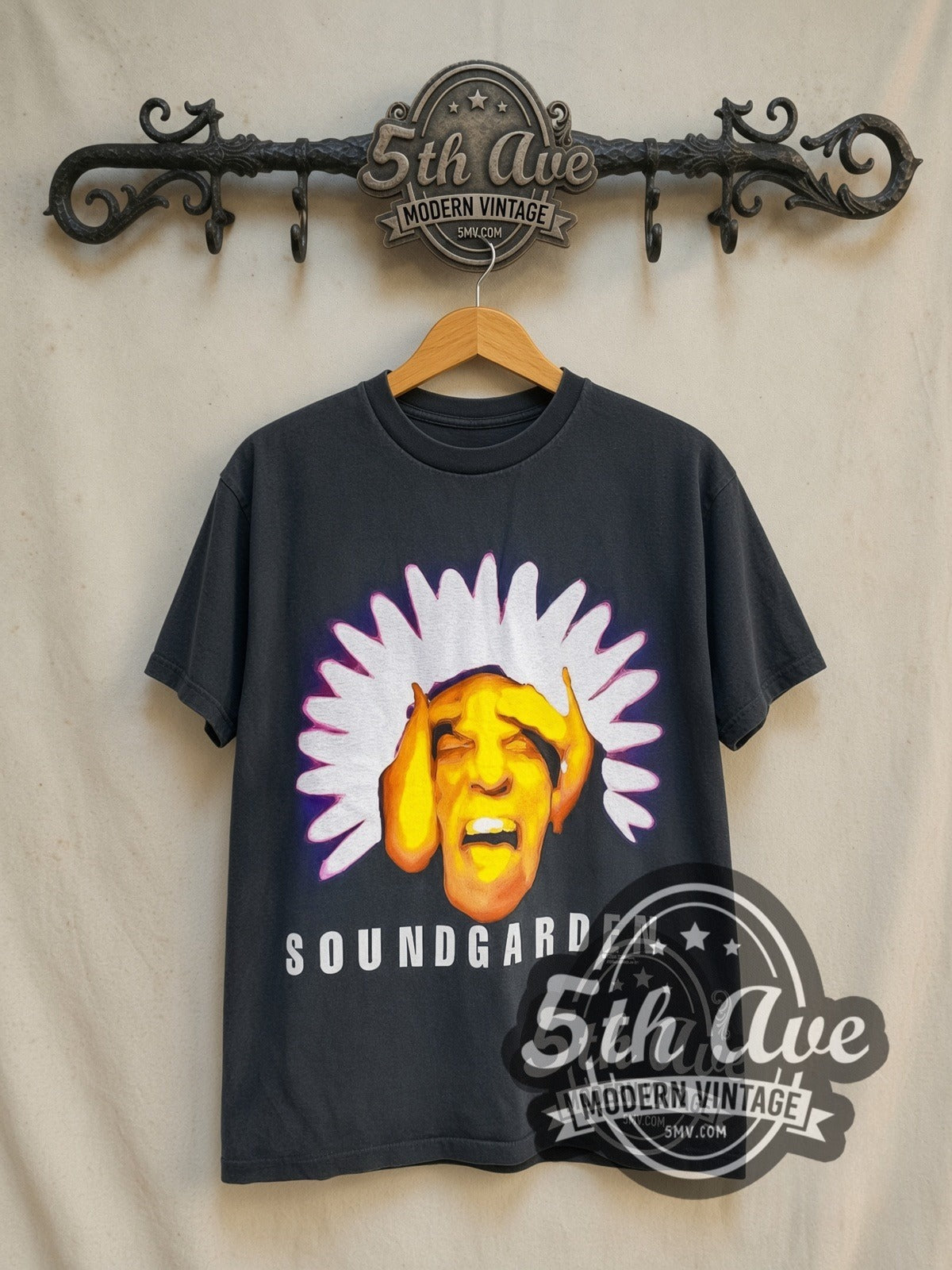 Soundgarden Black Hole Sun vintage band t-shirt in black, front view on a display rack