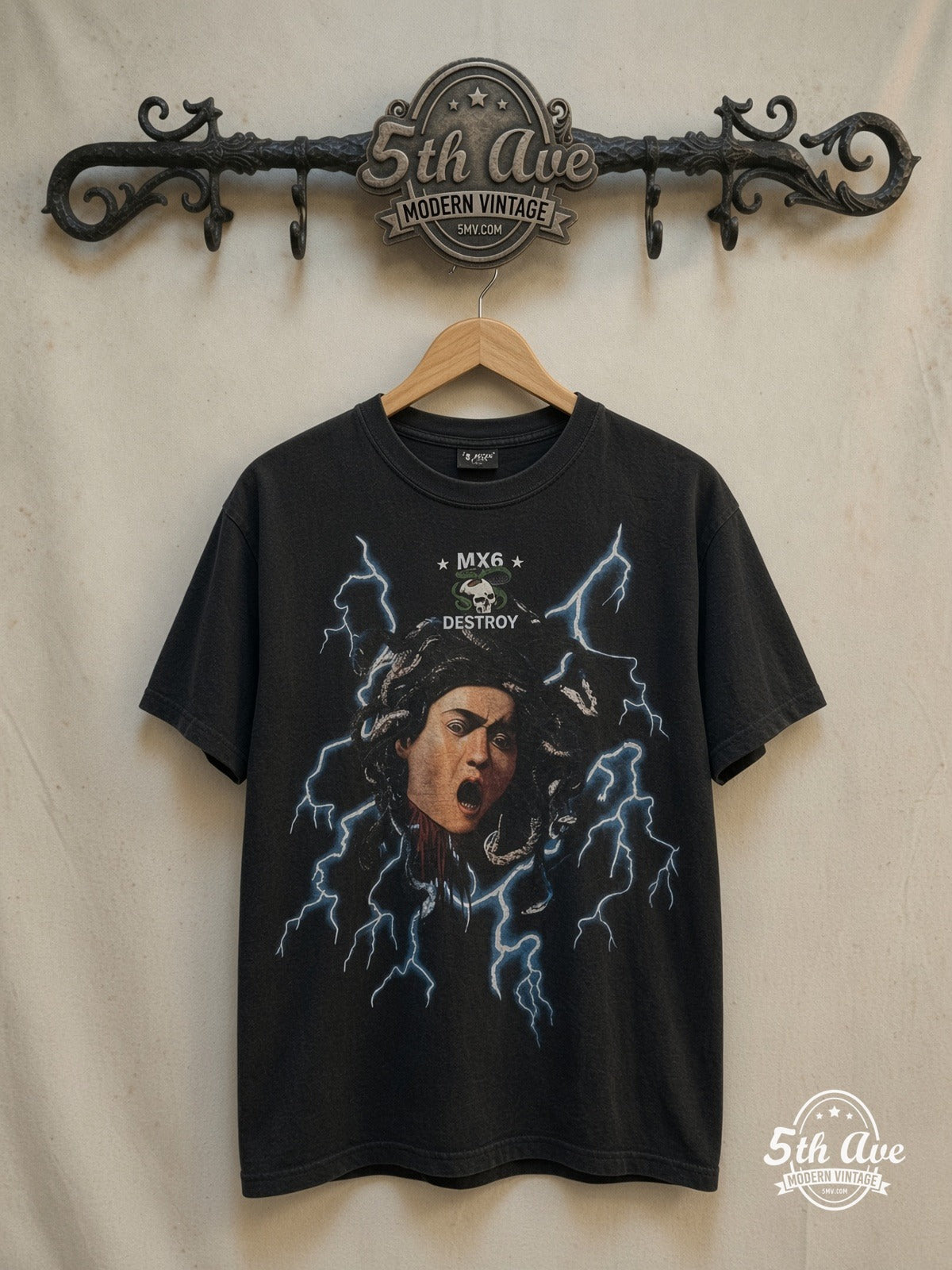 Saint Medusa MX6 Destroy T-Shirt — front on locked cream ornate 5th Ave rack