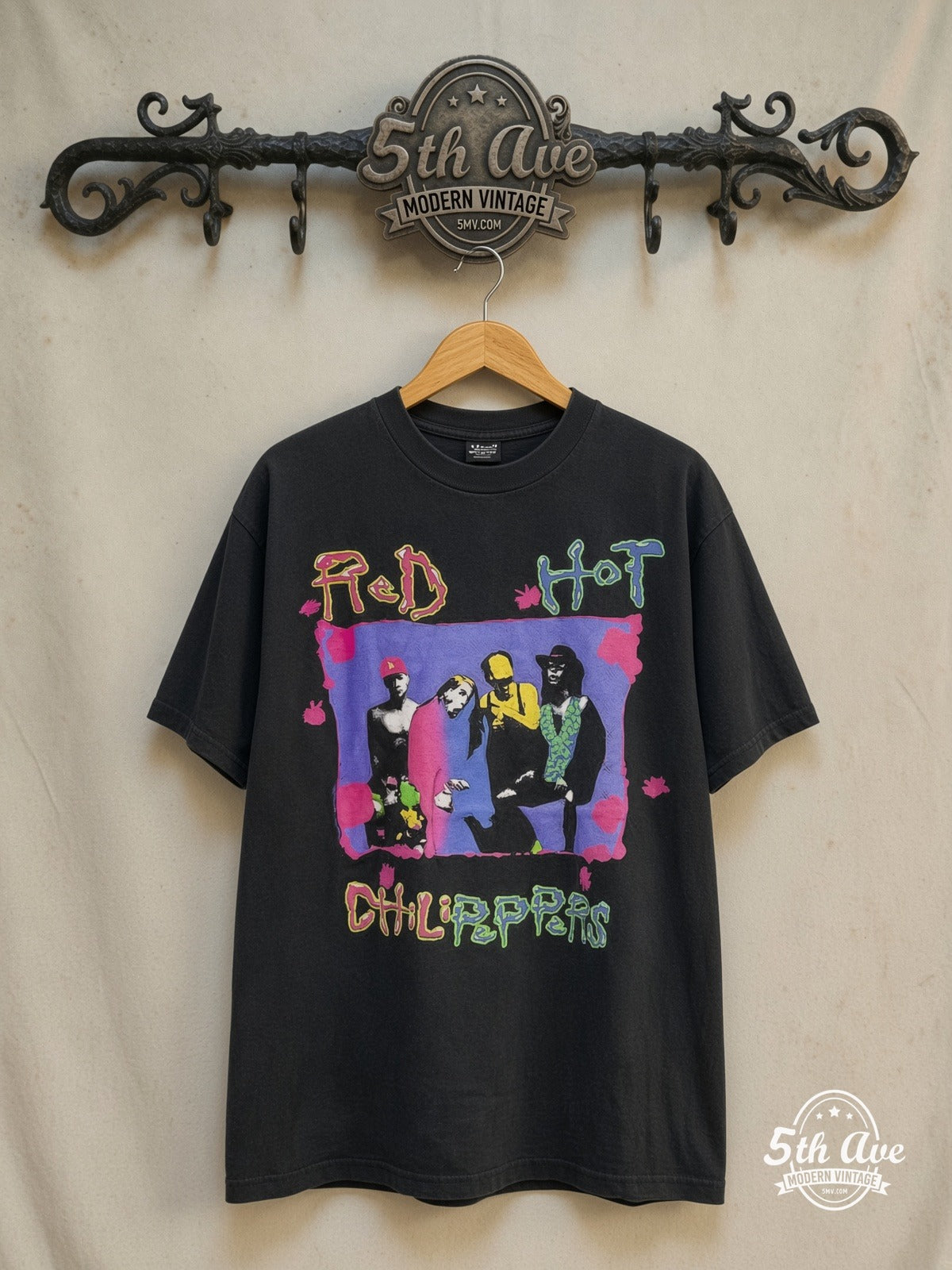 Red Hot Chili Peppers – Out With the Old – Vintage Band T-Shirt — front on locked cream ornate 5th Ave rack