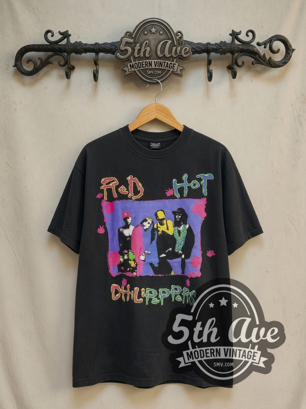 Red Hot Chili Peppers Out With the Old vintage band t-shirt in black, front view on a display rack