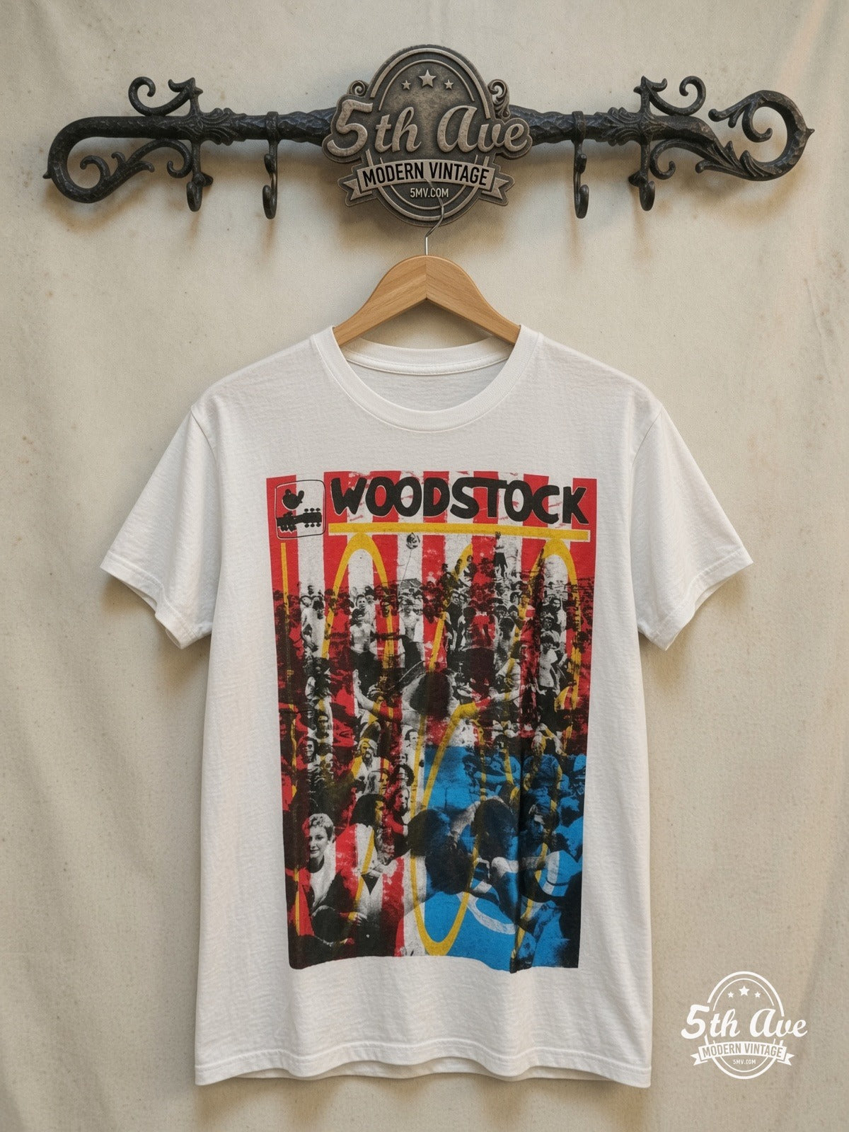 Woodstock – Festival Graphic – Vintage Graphic Tee — front on locked cream ornate 5th Ave rack