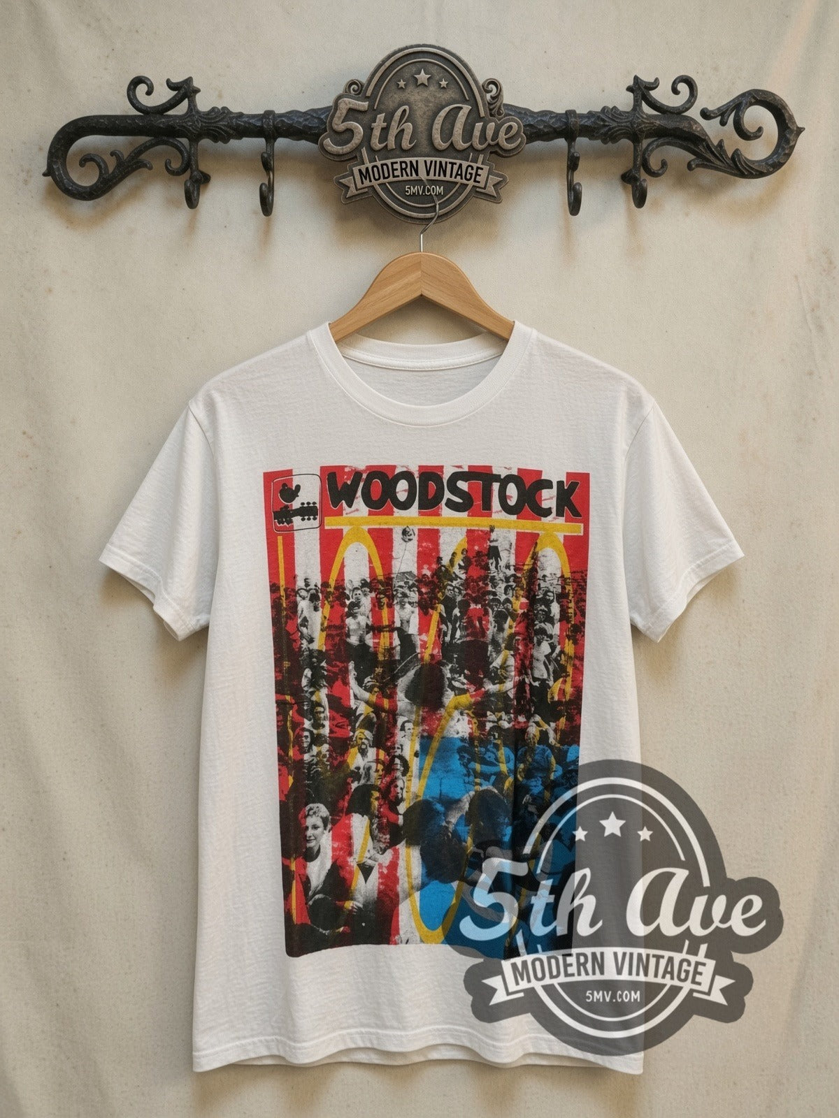 Woodstock Festival Graphic vintage graphic tee, front view on a display rack