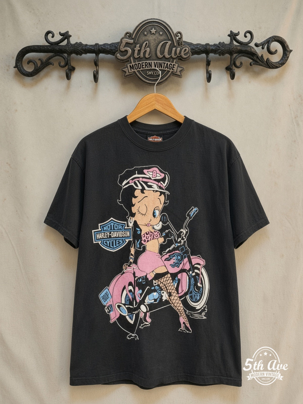 Betty Boop – Harley Davidson – New Vintage Graphic Tee — front on locked cream ornate 5th Ave rack