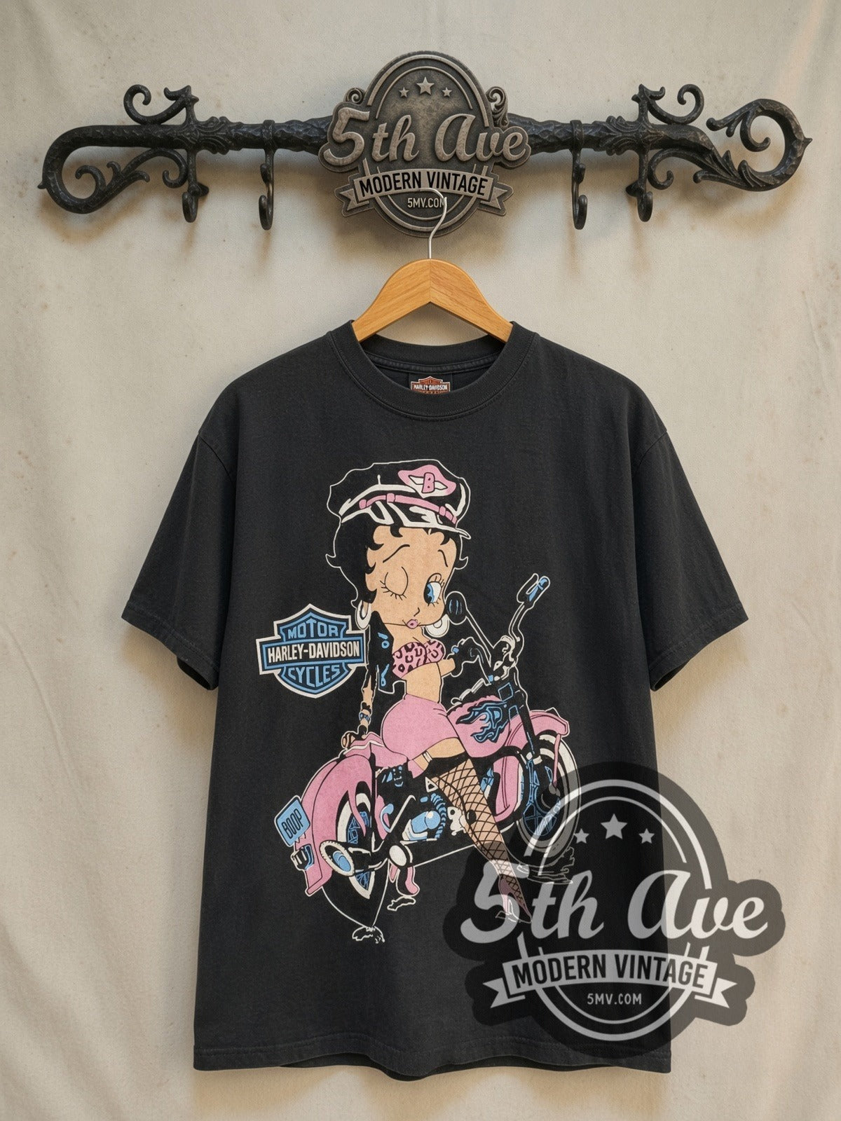 Betty Boop Harley Davidson vintage Harley tee in black, front view on a display rack