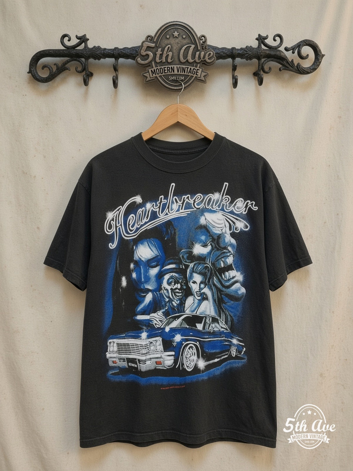 Rollin Hard – Heartbreaker Lowrider – Vintage Graphic Tee — front on locked cream ornate 5th Ave rack