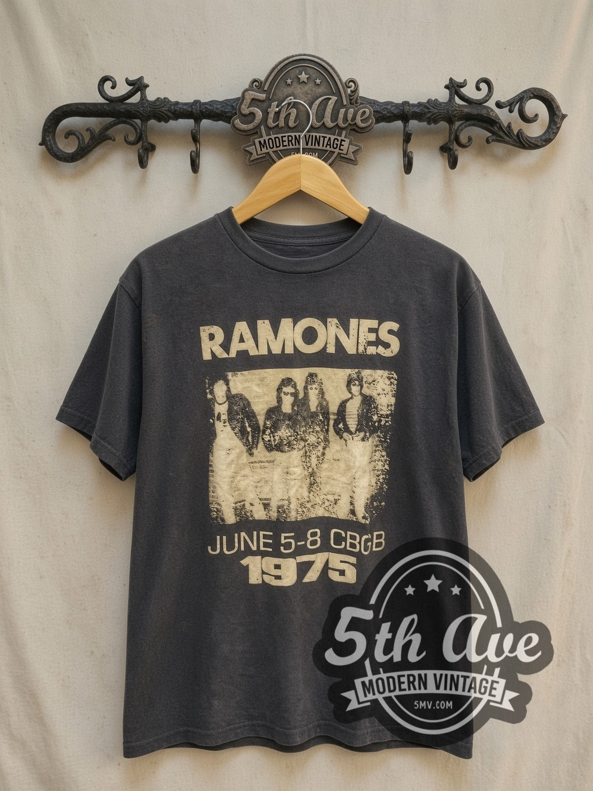 Ramones CBGB June 1975 Band Photo vintage band t-shirt, front view on a display rack