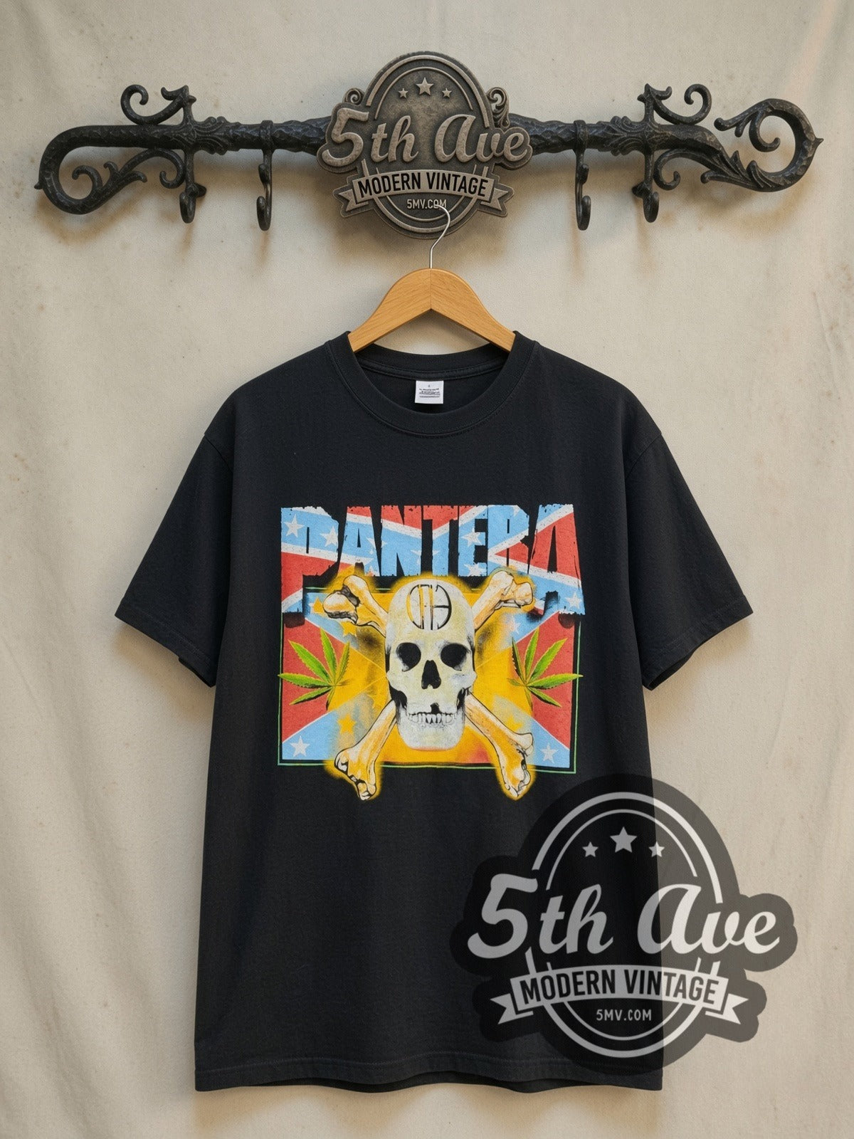 Pantera The Real Steel Tour 2001 vintage band t-shirt in black, front view on a display rack