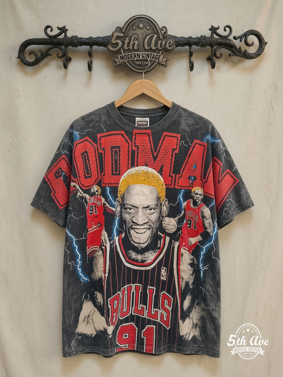 Dennis Rodman – Chicago Bulls All Over Print T-Shirt – Vintage Graphic Tee — front on locked cream ornate 5th Ave rack