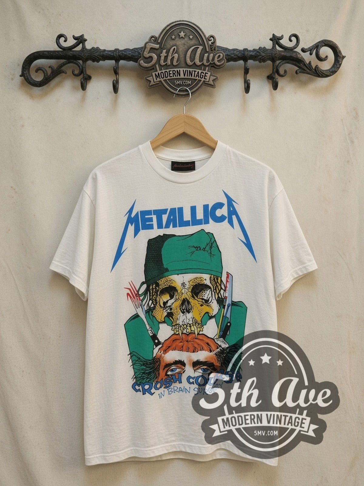 Metallica Crash Course in Brain Surgery vintage band t-shirt, front view on the 5MV rack