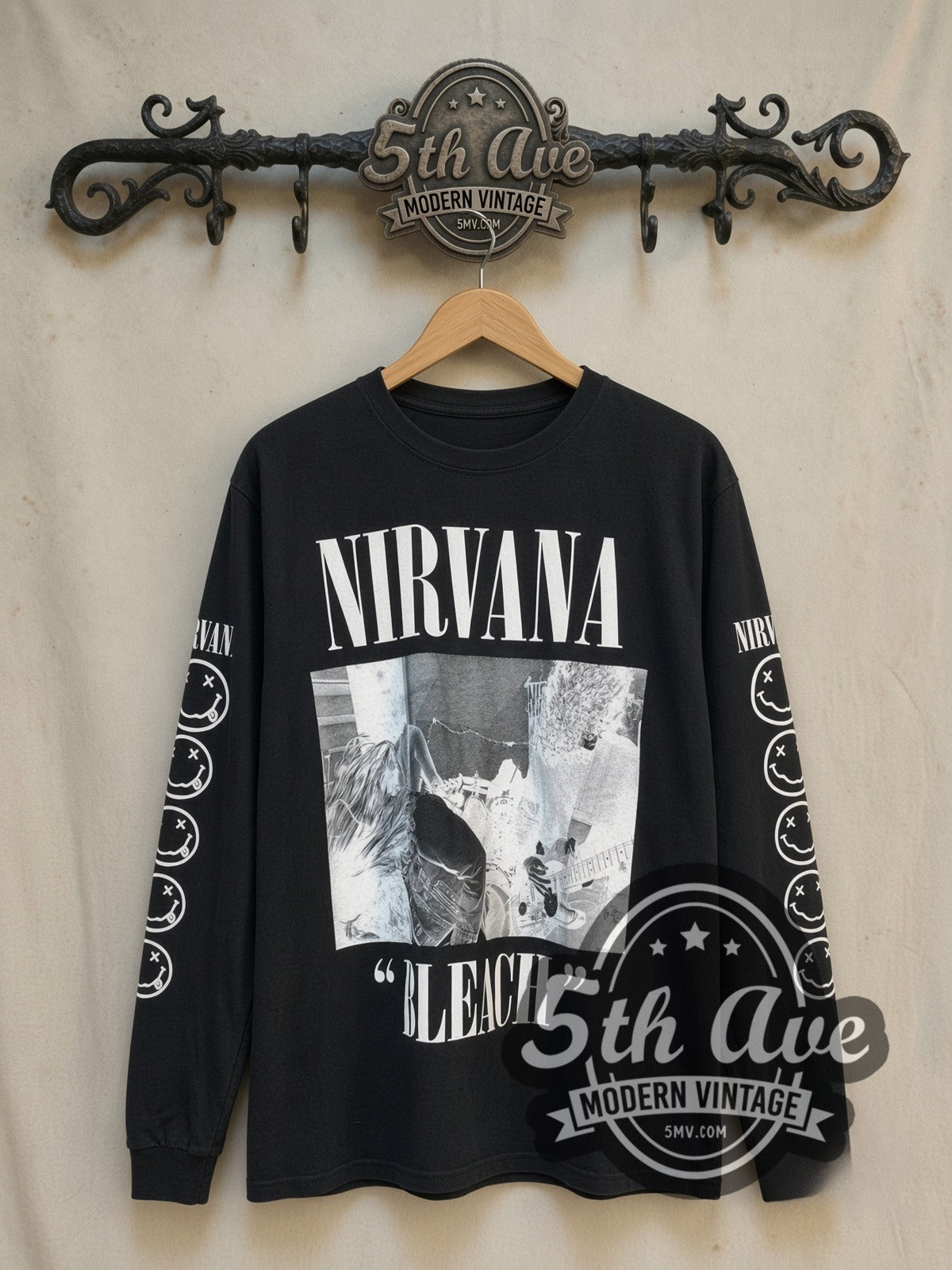 Nirvana Bleach vintage band long sleeve t-shirt, front view on a display rack