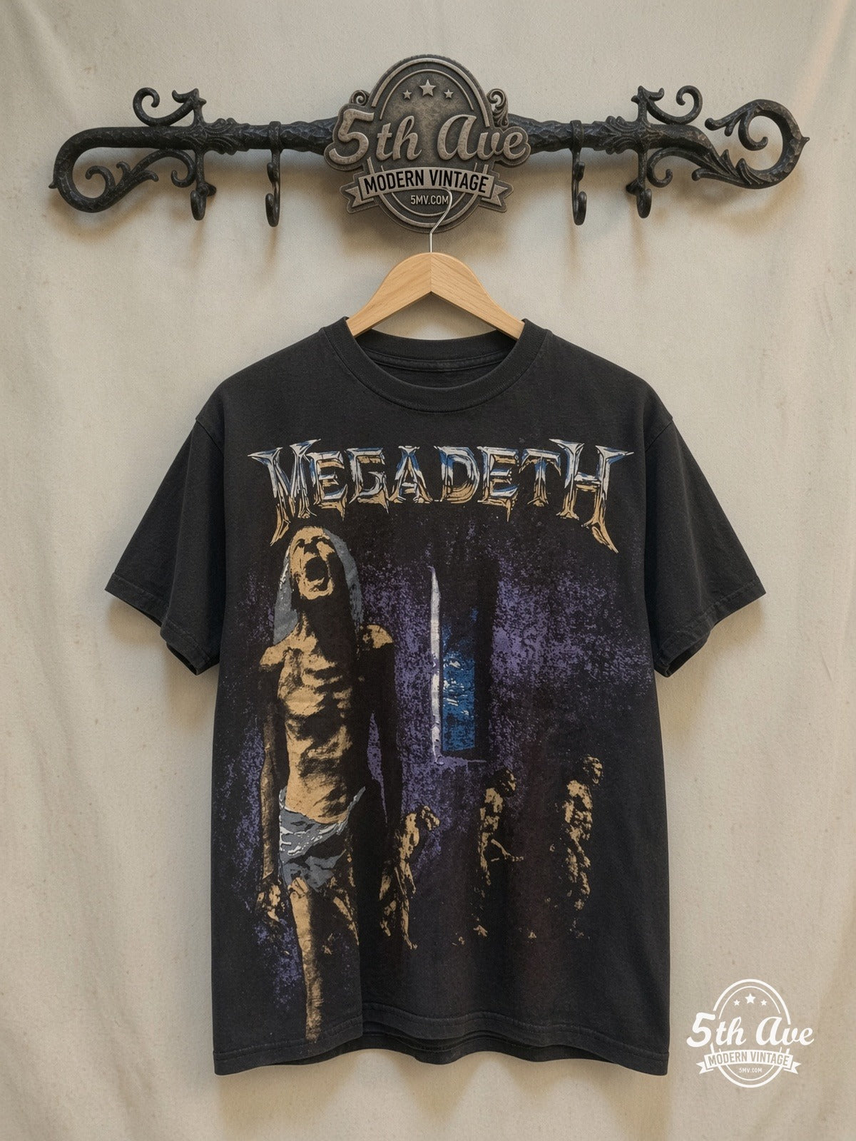 Megadeth – OVERPRINT – Vintage Band T-Shirt — front on locked cream ornate 5th Ave rack