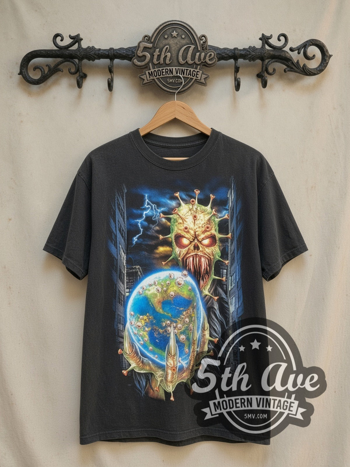 COVID-19 Cosmic Threat Virus Art vintage graphic tee, front view on a display rack