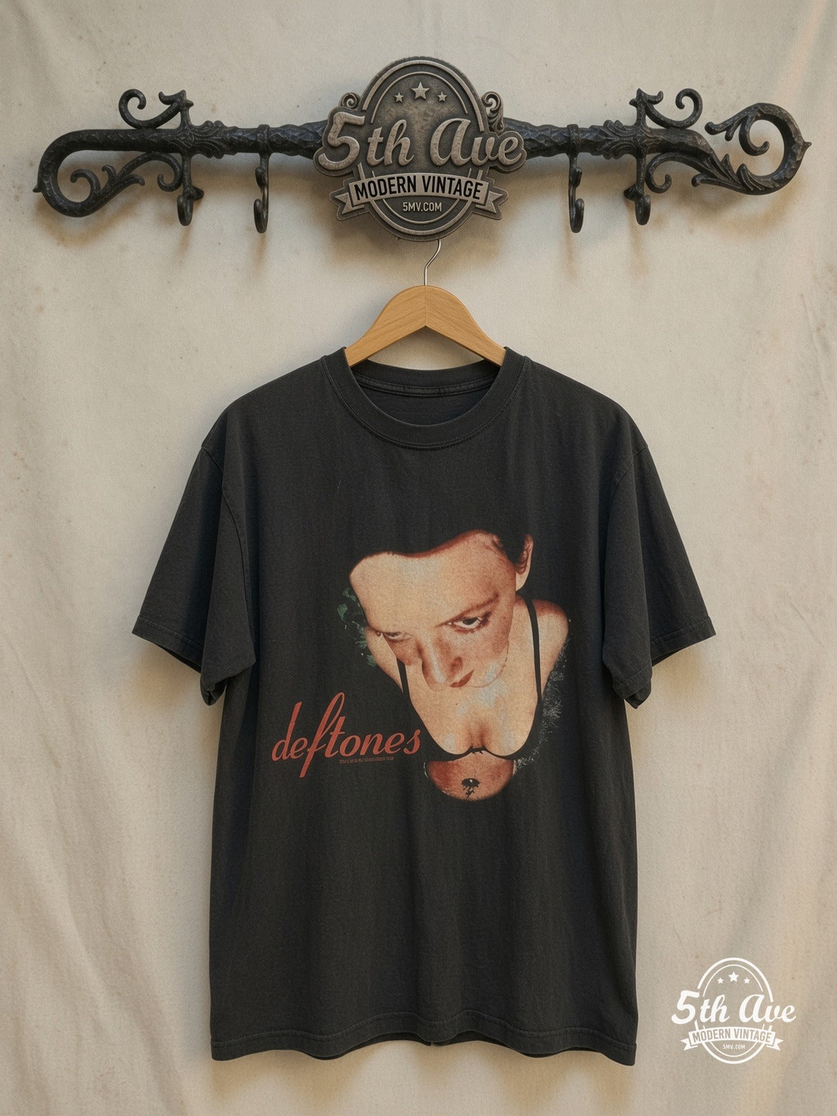 Deftones – Around the Fur Red Script Logo – Vintage Band T-Shirt — front on locked cream ornate 5th Ave rack