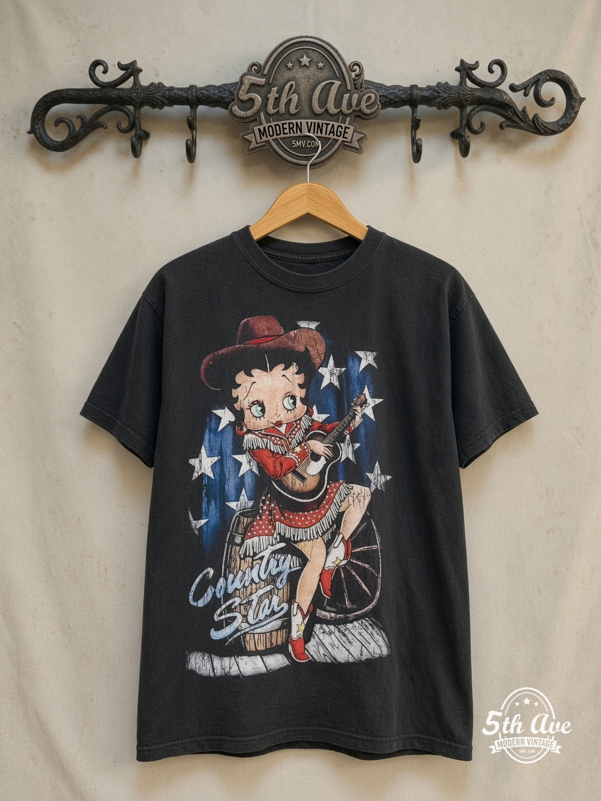 Betty Boop – Country Star Country Girl – New Vintage Graphic Tee — front on locked cream ornate 5th Ave rack