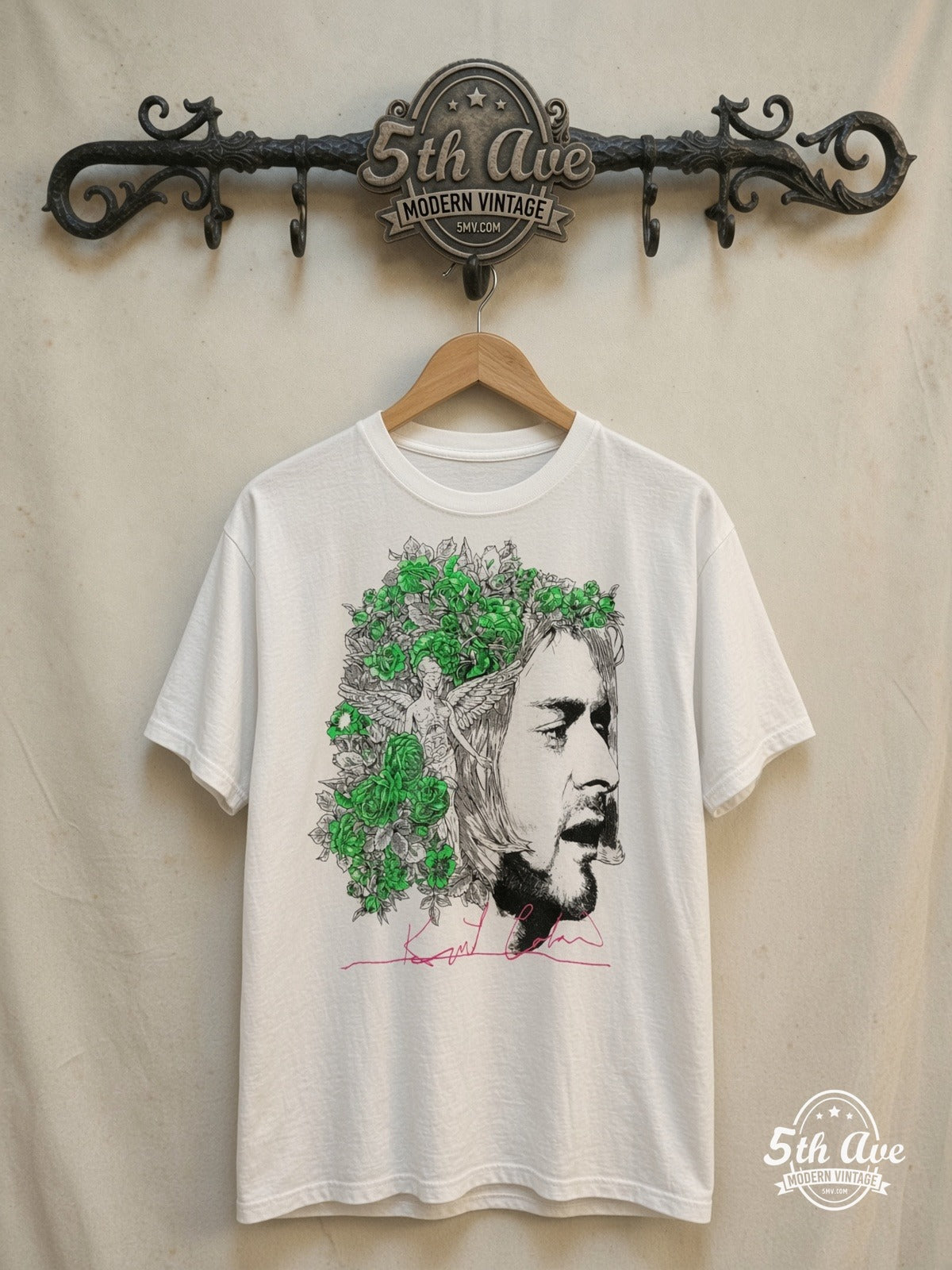 Kurt Cobain – Rather Be Hated Than Loved – Vintage Band T-Shirt — front on locked cream ornate 5th Ave rack