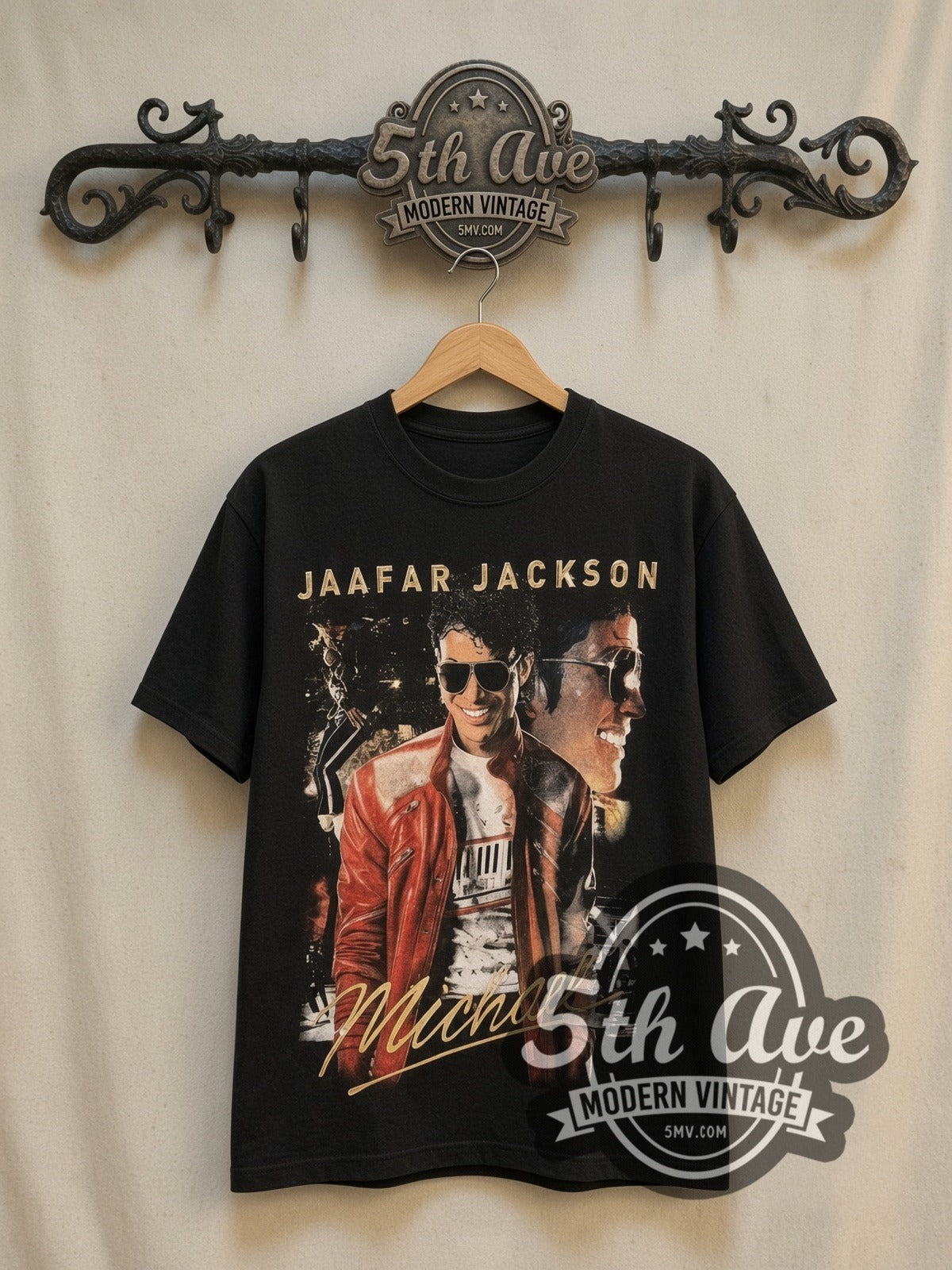 Michael Jackson Jaafar Jackson Red Jacket Script vintage band t-shirt, front view on a display rack