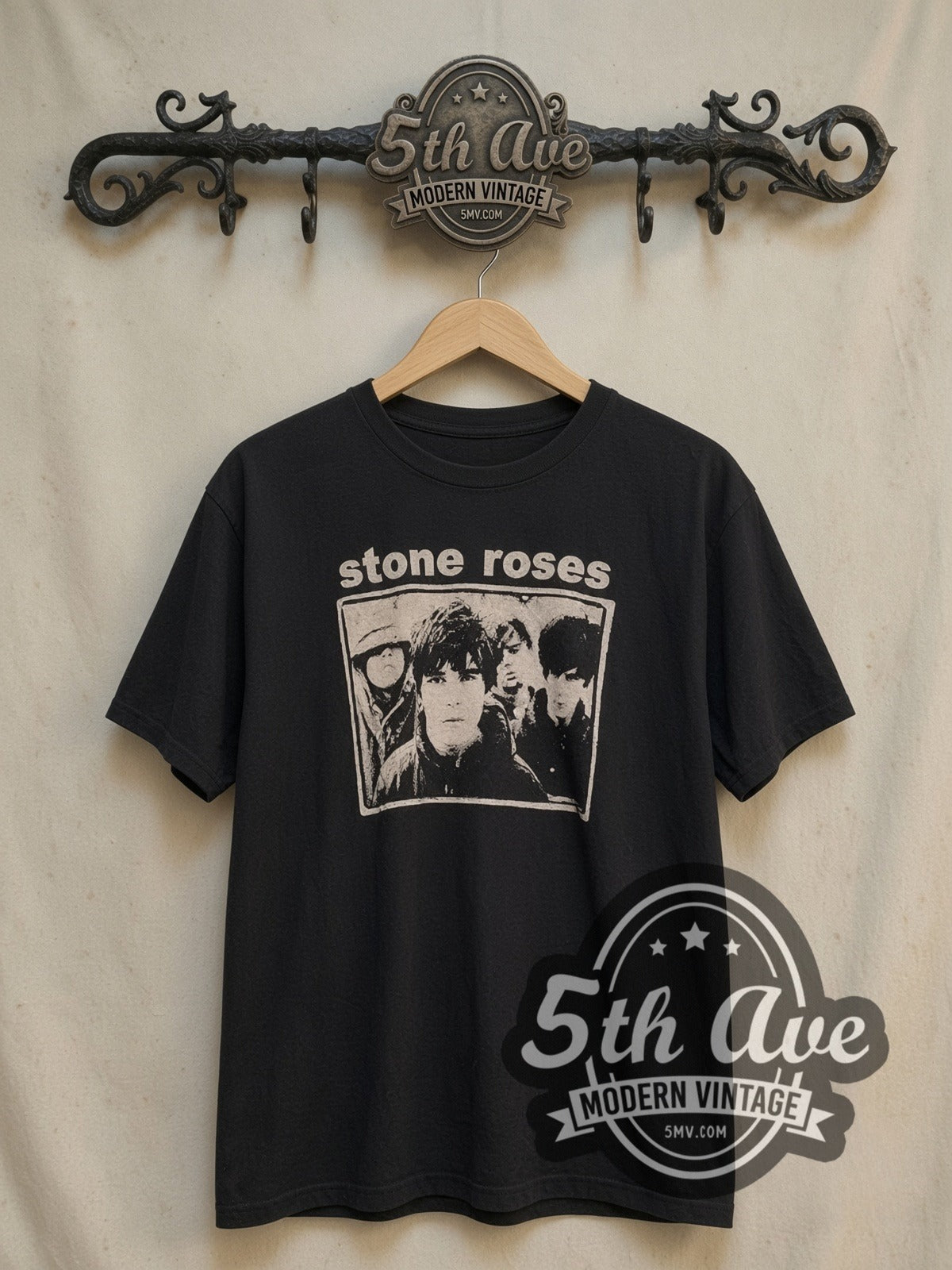 The Stone Roses Stone Roses Graphic vintage band t-shirt, front view on a display rack