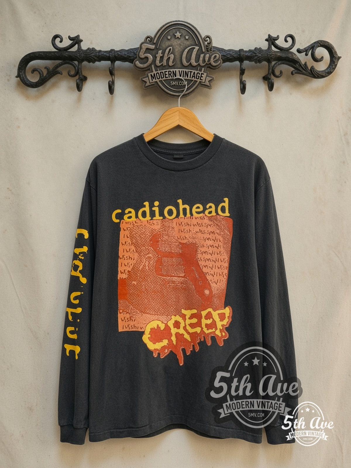 Radiohead – Creep – Vintage Band T-Shirt — front on locked cream ornate 5th Ave rack