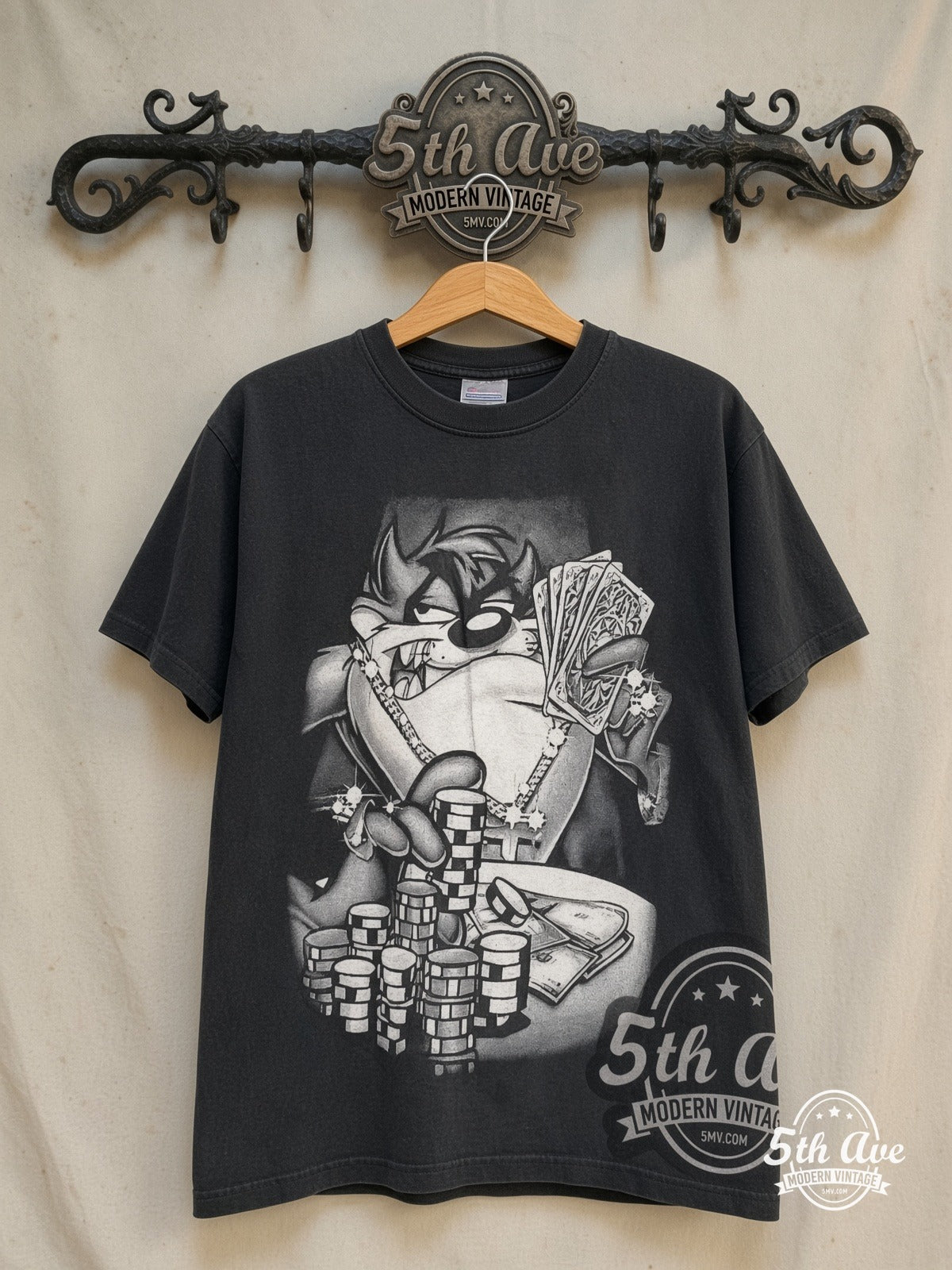 Looney Tunes – Taz-Mania Poker All-Over Print – New Vintage Graphic Tee — front on locked cream ornate 5th Ave rack