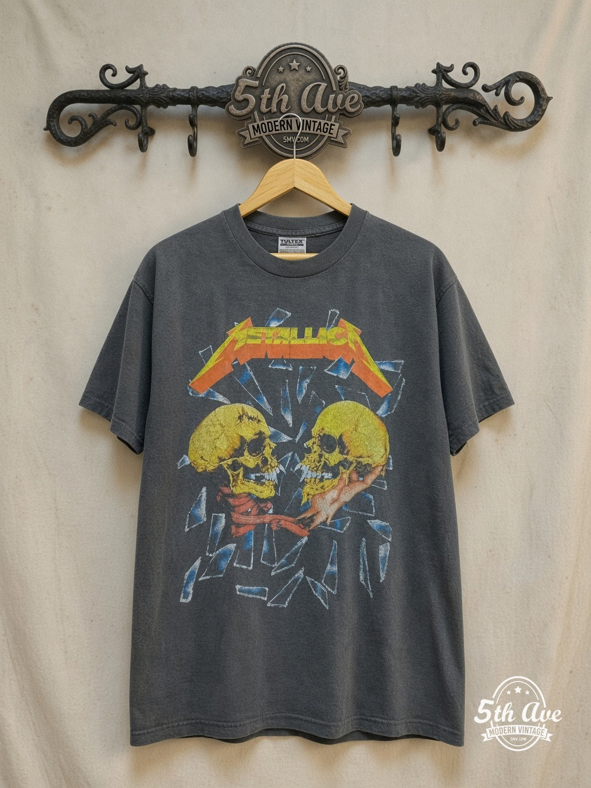 Metallica – Sad But True Twin Skulls Glass – Vintage Band T-Shirt — front on locked cream ornate 5th Ave rack