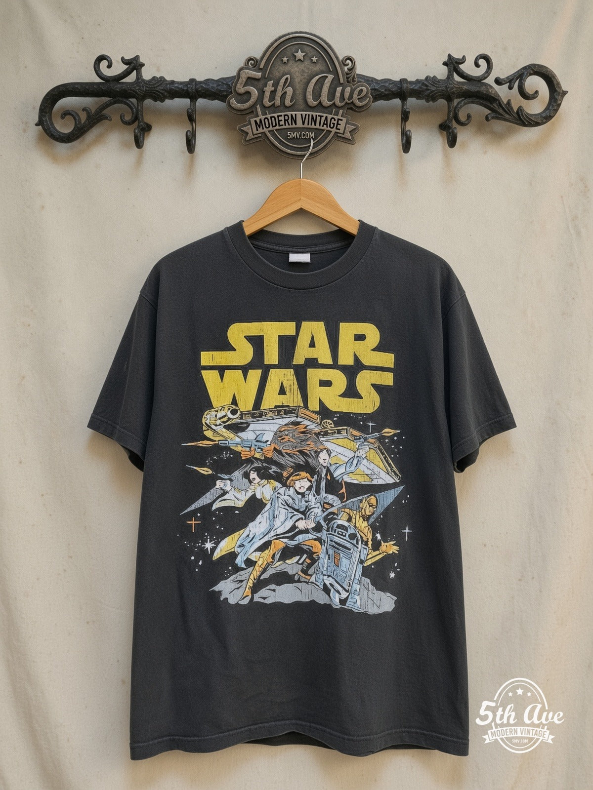 Star Wars – Luke Skywalker' battles 'Darth Vader – Vintage Movie Tee — front on locked cream ornate 5th Ave rack