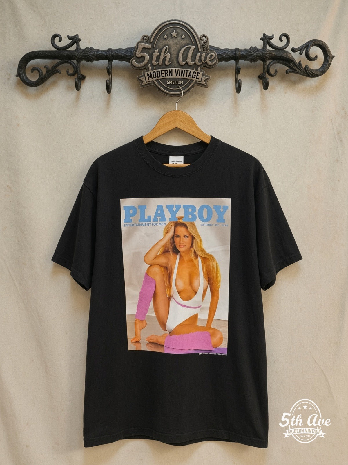 Playboy – September – Vintage Graphic Tee — front on locked cream ornate 5th Ave rack