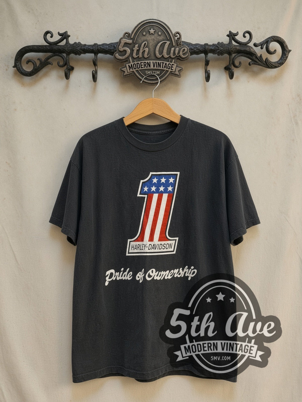 Harley-Davidson Pride of Ownership vintage Harley tee in black, front view on the 5MV rack