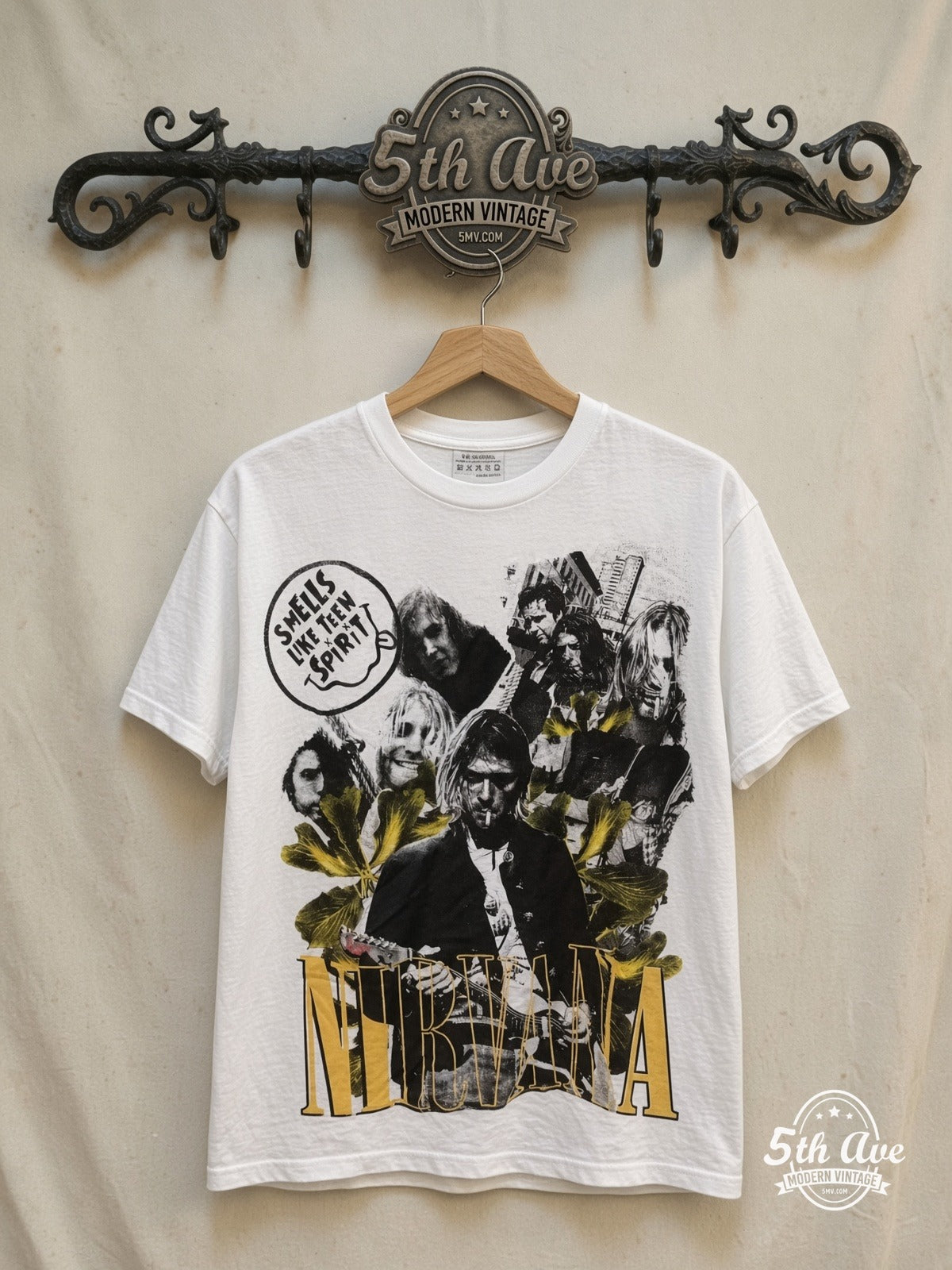 Nirvana – Smells Like Teen Spirit Sunflower Collage White – Vintage Band T-Shirt — front on locked cream ornate 5th Ave rack