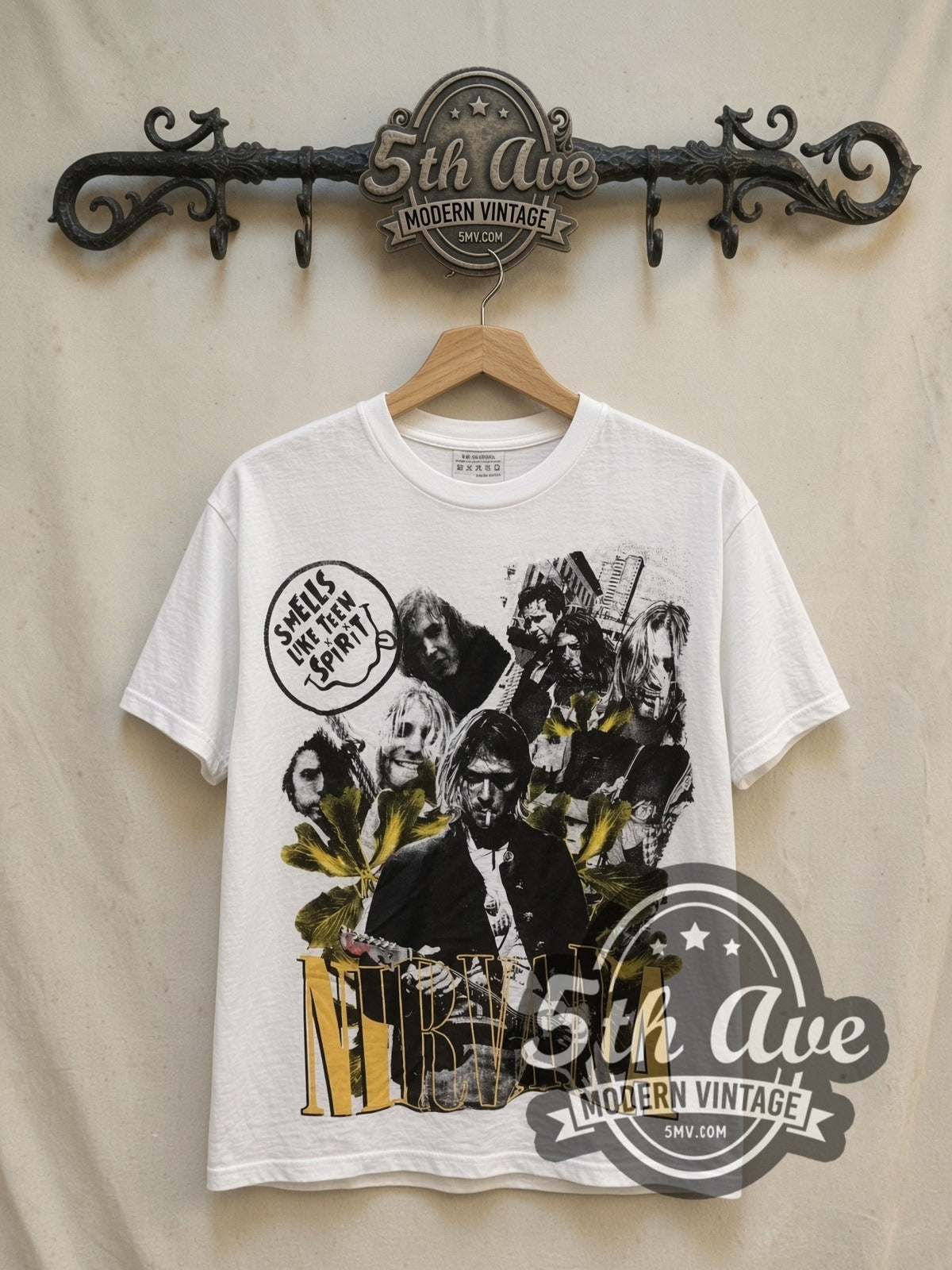 Nirvana Smells Like Teen Spirit Sunflower Collage vintage band t-shirt in white, front view on the 5MV rack