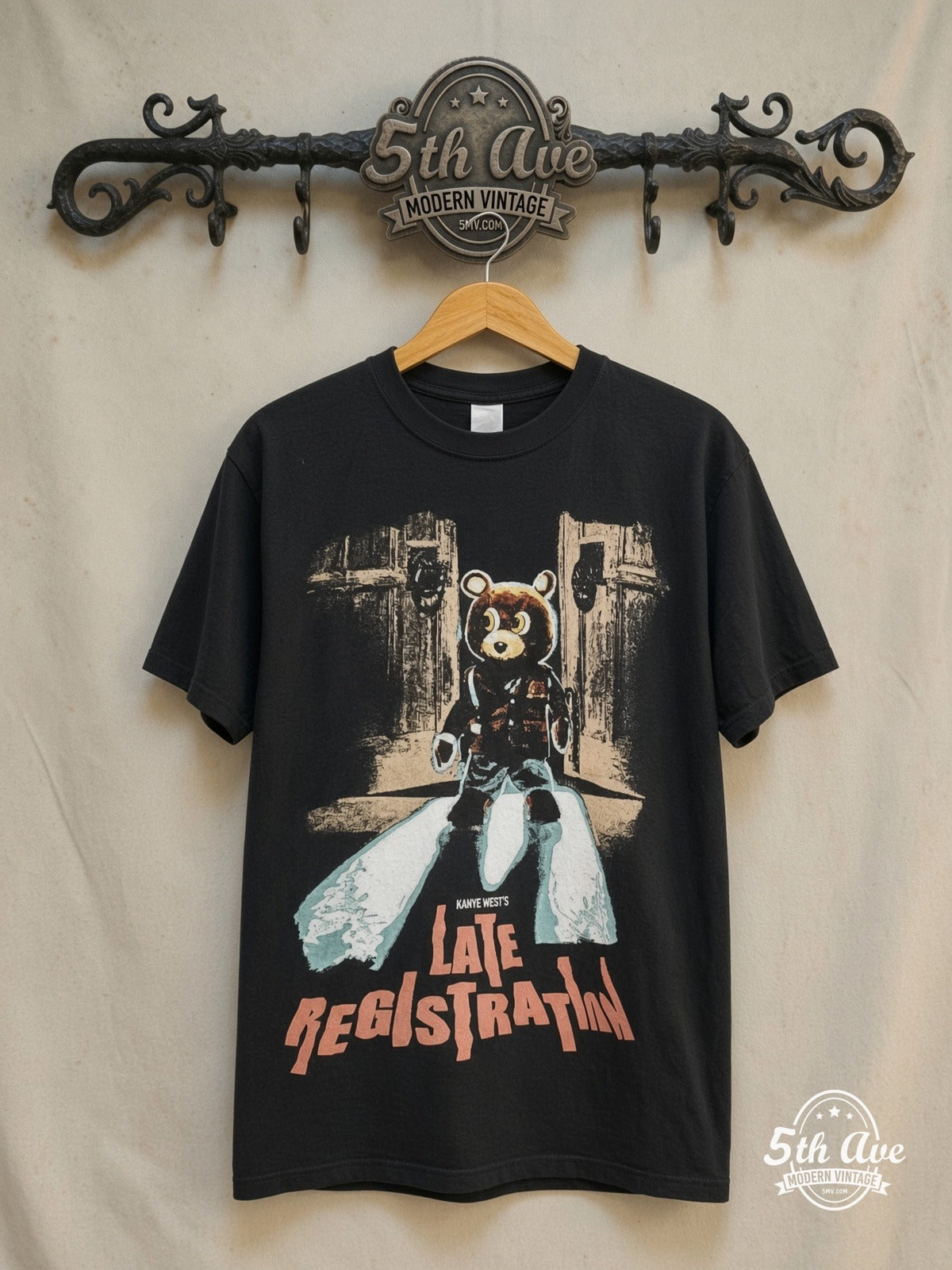 Kanye West – Late Registration / Touch the Sky Tour 2005 – Vintage Band T-Shirt — front on locked cream ornate 5th Ave rack