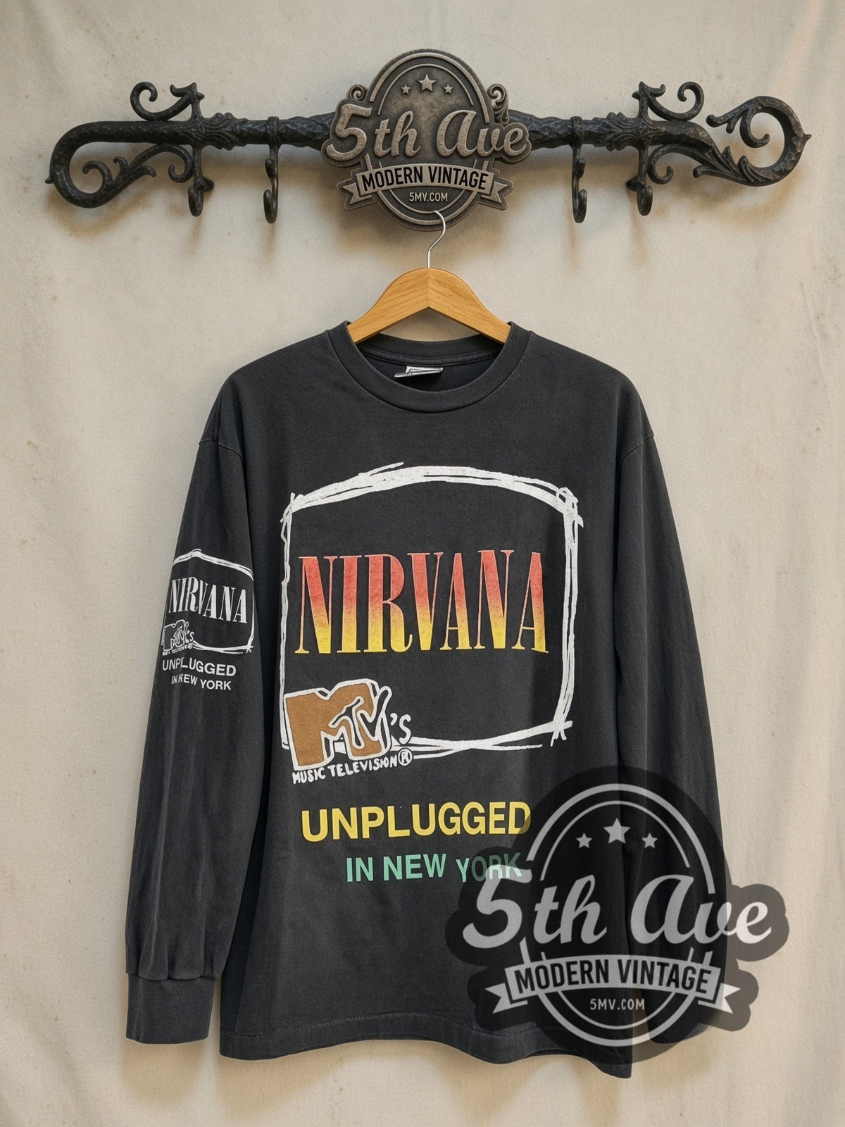Nirvana Unplugged in New York vintage band long sleeve t-shirt, front view on the 5MV rack