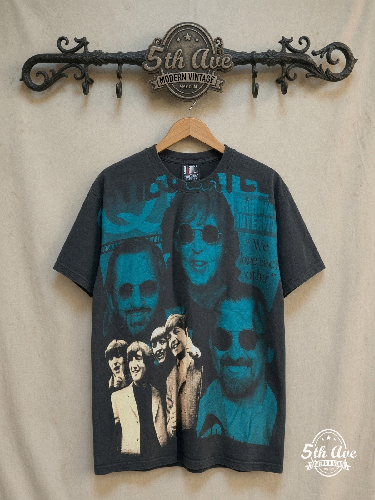 The Beatles – Oh They Are Back! – All Over Print – Vintage Band T-Shirt — front on locked cream ornate 5th Ave rack