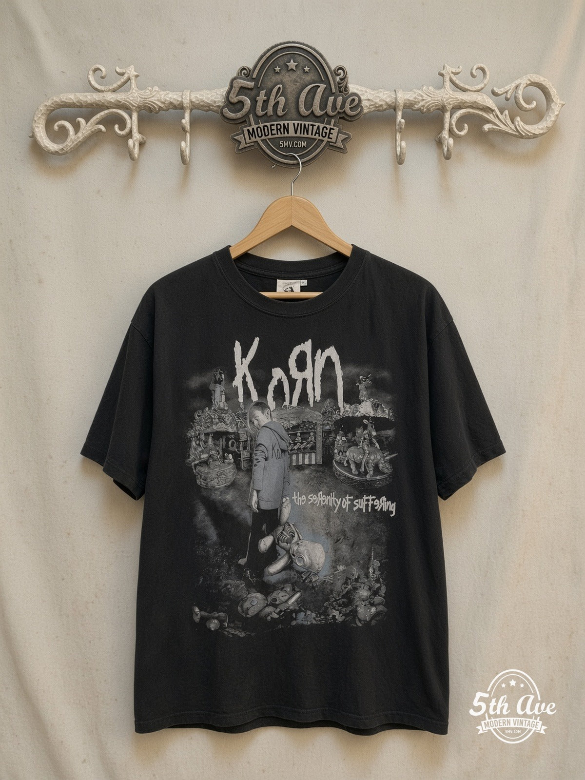 Korn – The Serenity of Suffering – Vintage Band T-Shirt — front on locked cream ornate 5th Ave rack