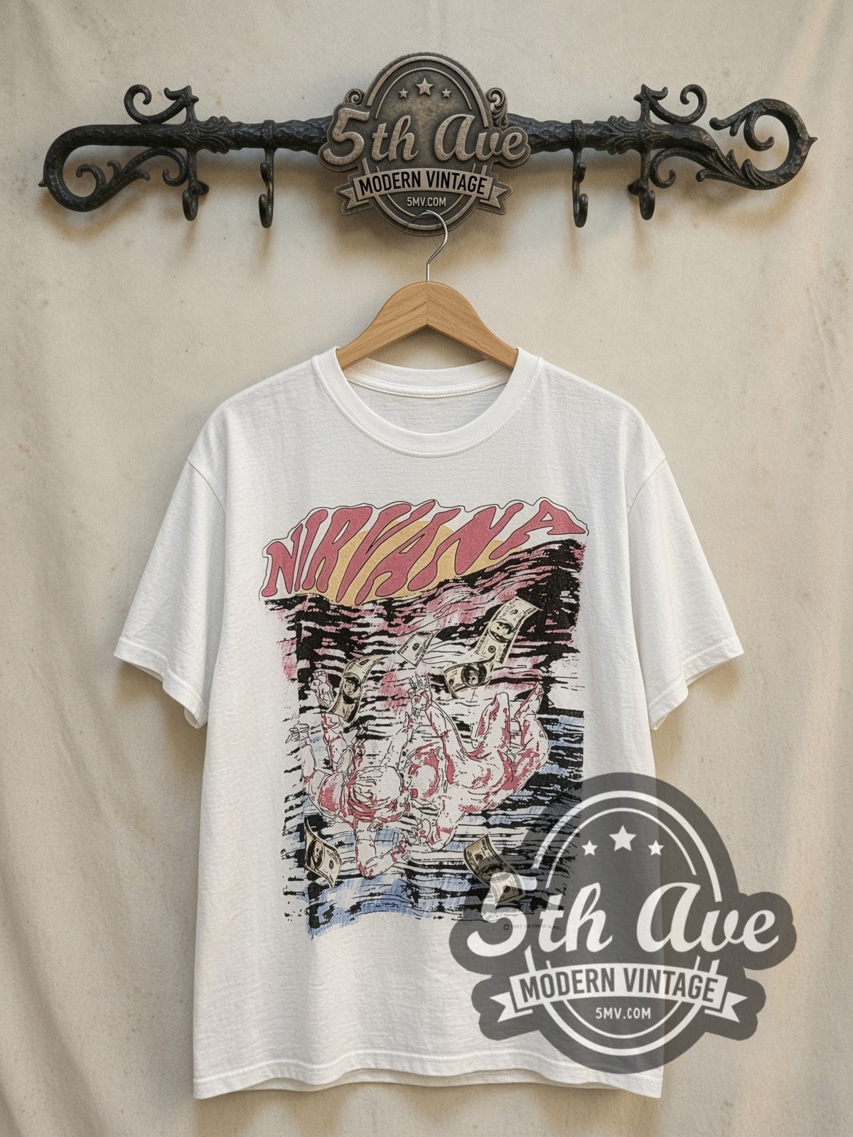 Nirvana Nevermind Sketch Dollar Bills 1993 vintage band t-shirt, front view on the 5MV rack