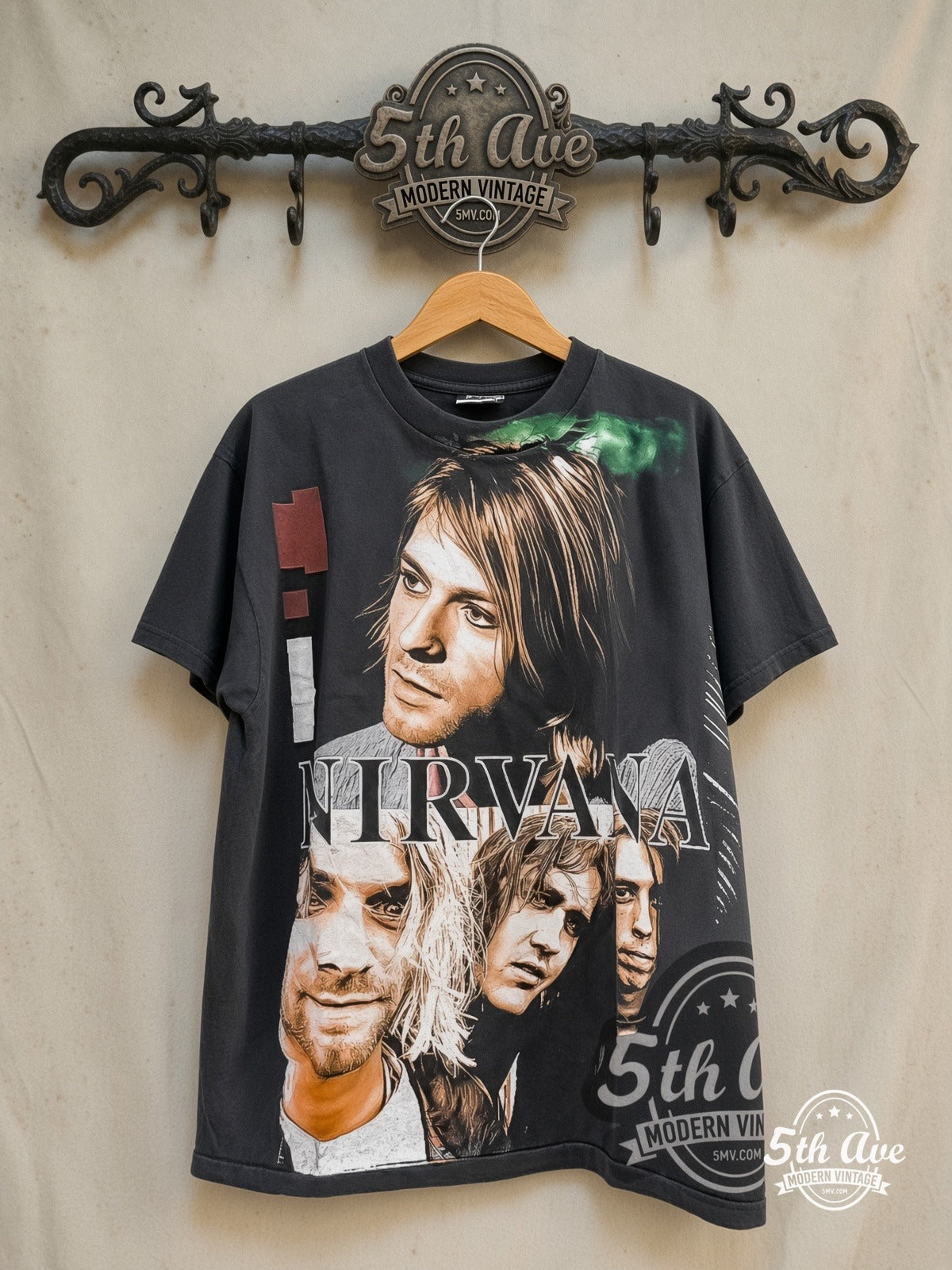 Nirvana – Flower Sniffin Kitty Pettin – All Over Print – Vintage Band T-Shirt — front on locked cream ornate 5th Ave rack