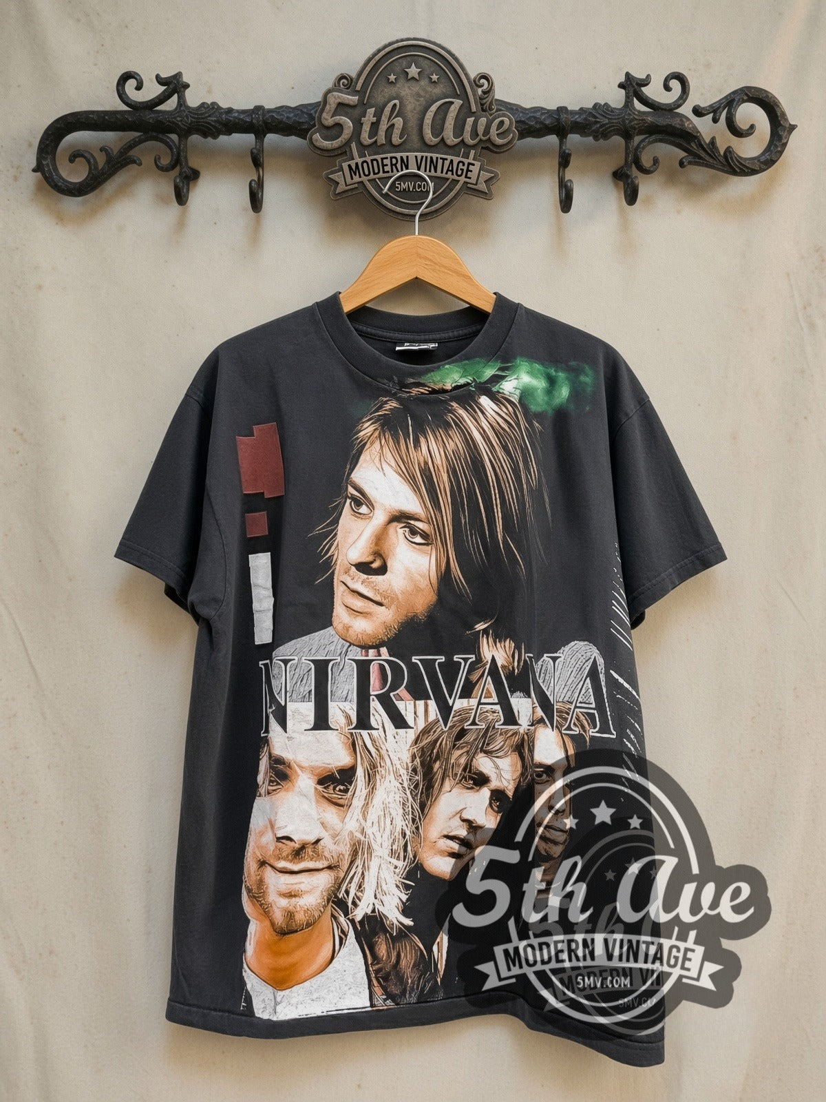 Nirvana Flower Sniffin Kitty Pettin all-over-print vintage band t-shirt in black, front view on the 5MV rack