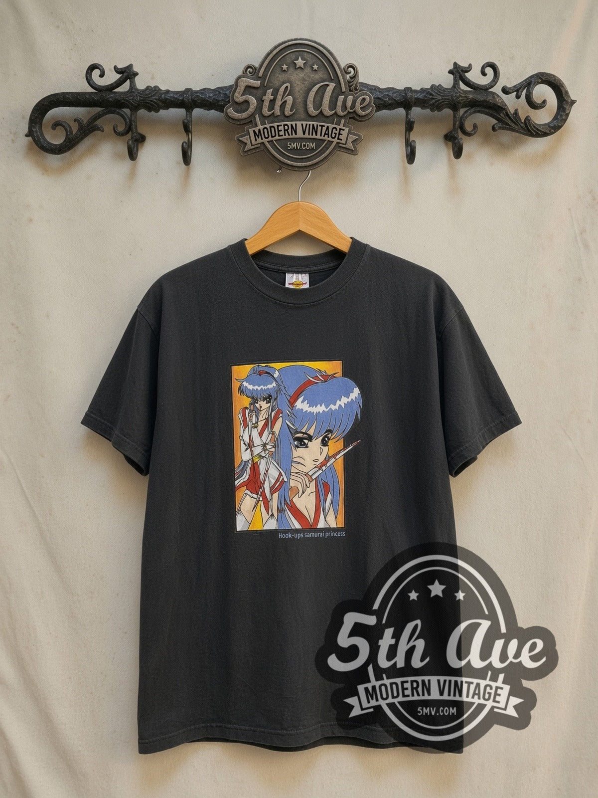 Hook-Ups Samurai Princess vintage anime tee in black, front view on a display rack