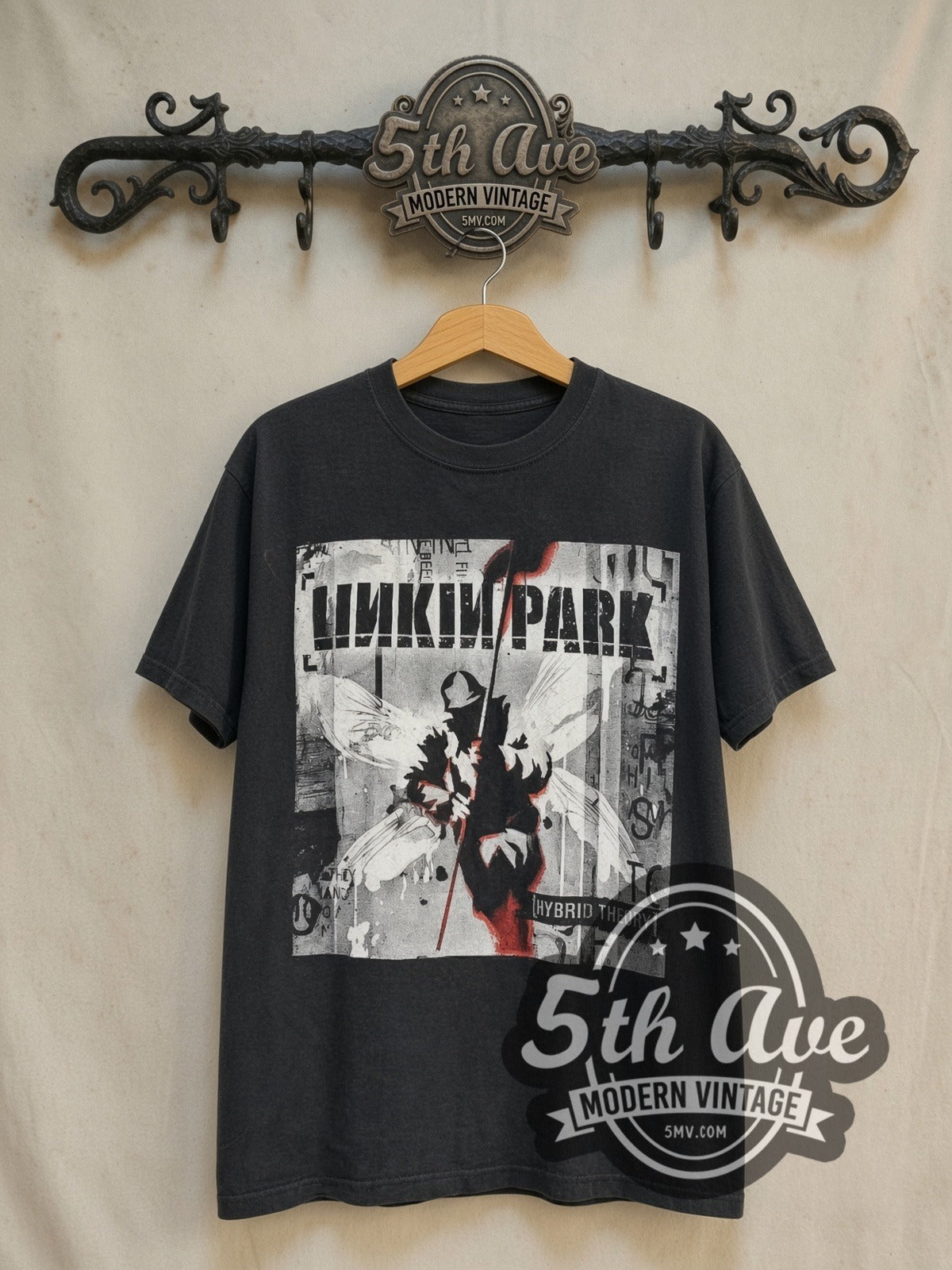 Linkin Park Hybrid Theory Soldier Red Flag vintage band t-shirt in black, front view on a display rack