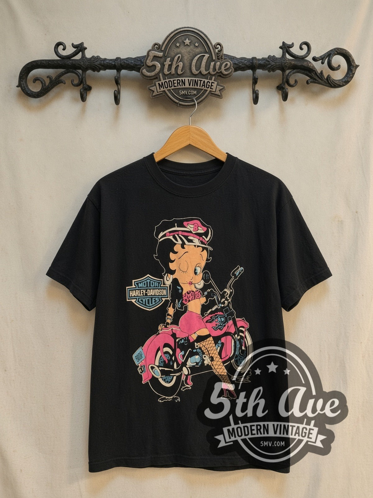 Betty Boop Harley Davidson vintage Harley tee, front view on a display rack