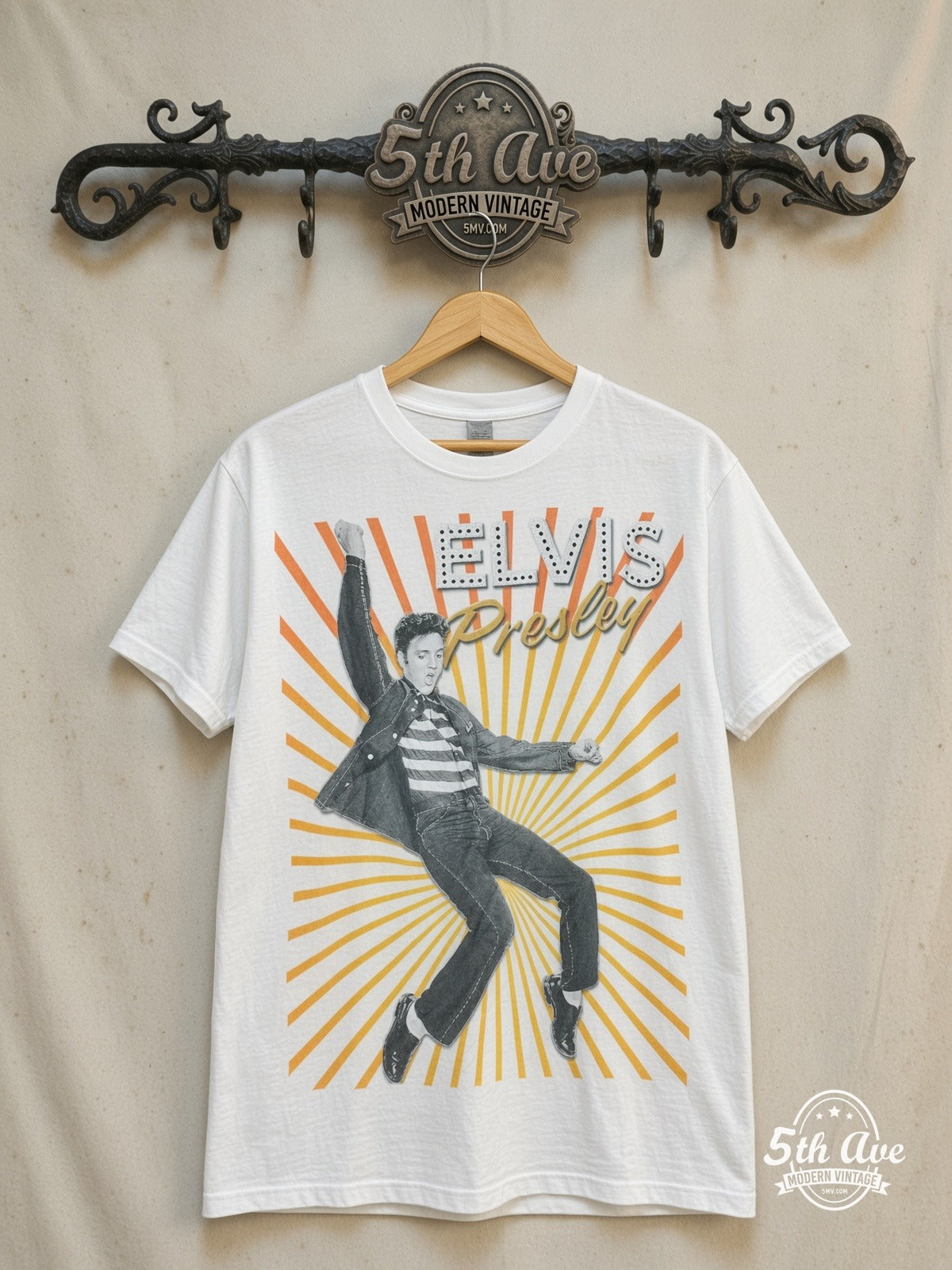 Elvis Presley – King of Rock and Roll – Vintage Band T-Shirt — front on locked cream ornate 5th Ave rack