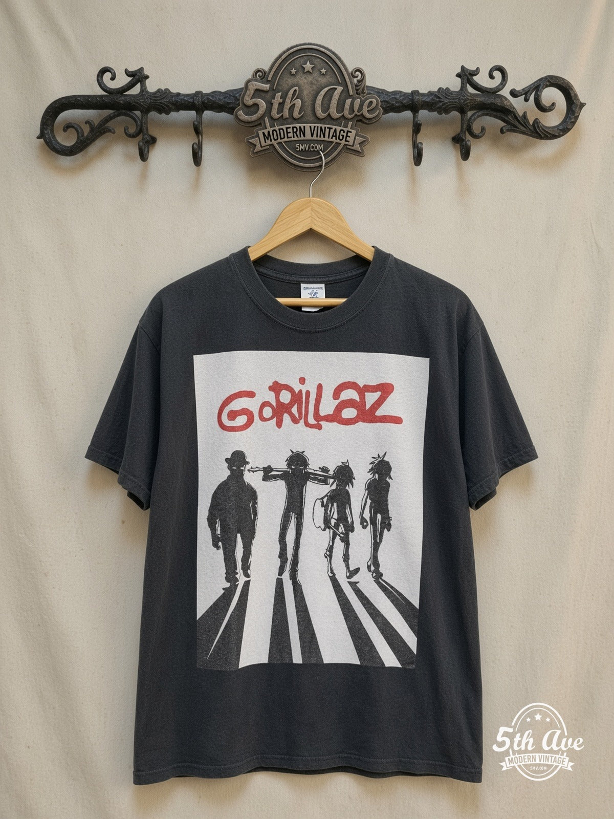 Gorillaz – Abbey Road Walking Silhouettes – Vintage Band T-Shirt — front on locked cream ornate 5th Ave rack