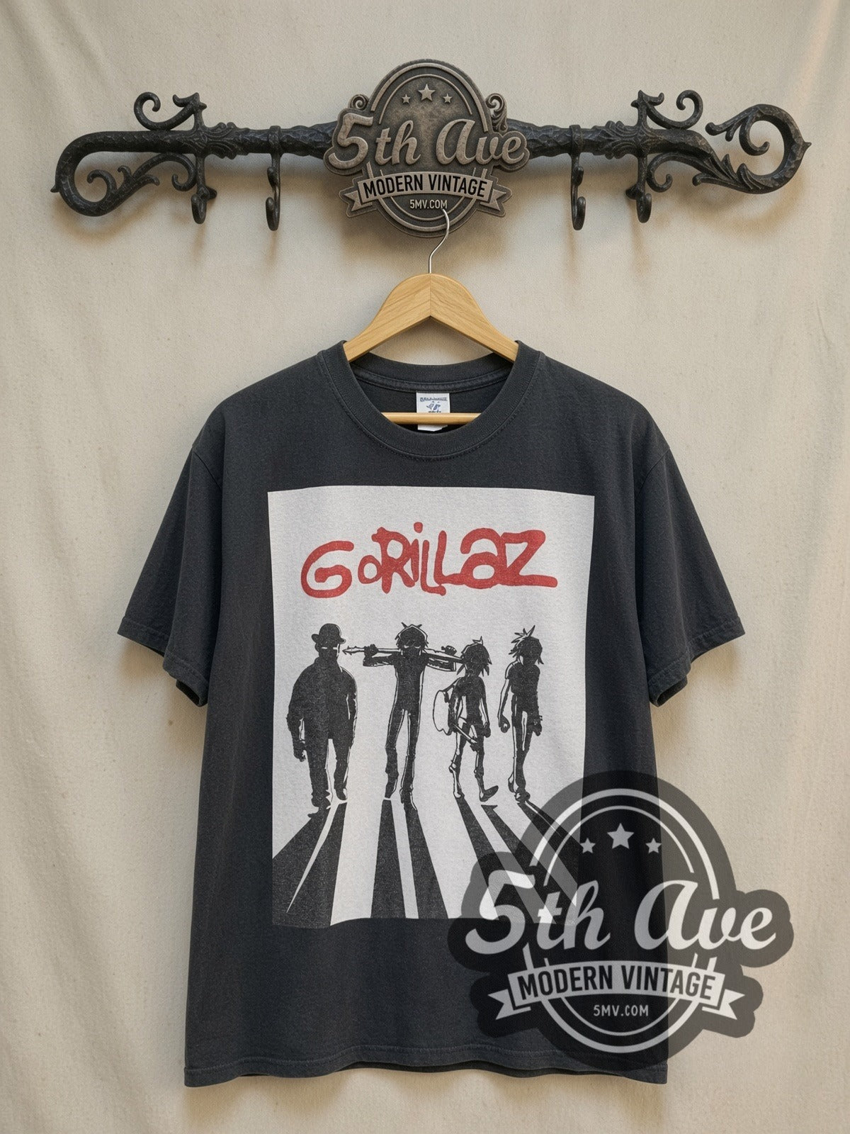 Gorillaz Abbey Road Walking Silhouettes vintage band t-shirt, front view on the 5MV rack