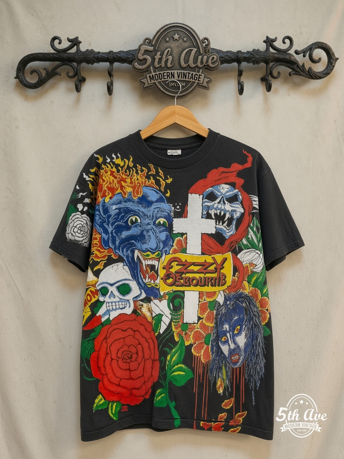 Ozzy Osbourne – Tattoo – All Over Print – Vintage Band T-Shirt — front on locked cream ornate 5th Ave rack
