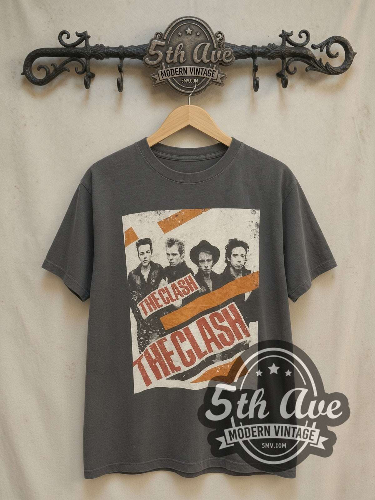 The Clash Band Photo Logo vintage band t-shirt, front view on a display rack